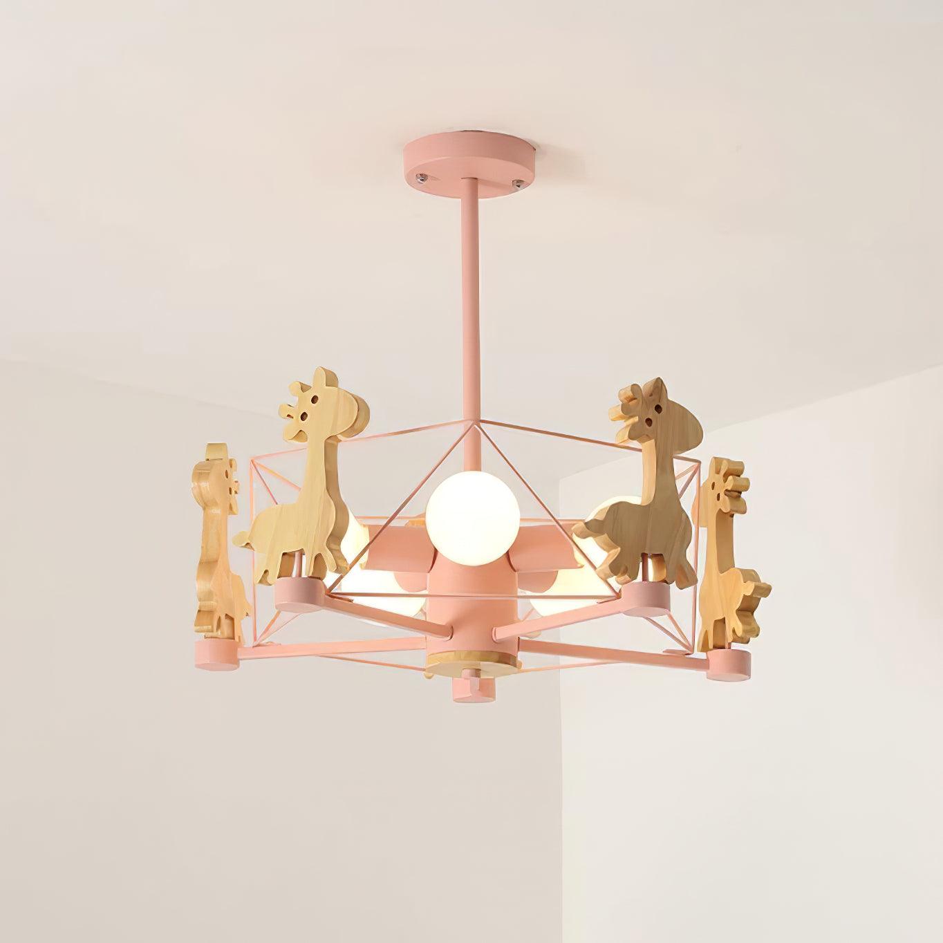 Lovely Deer Animal Themed Wooden Chandelier Ceiling Light for Kids Bedroom and Playroom