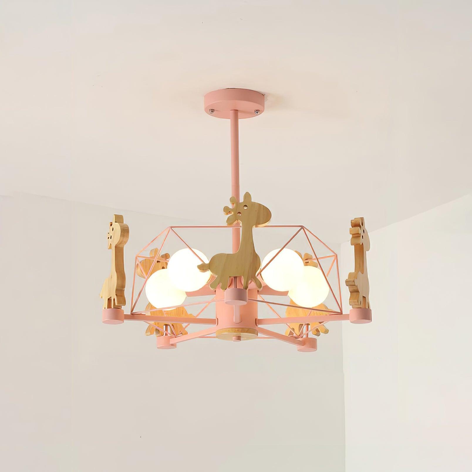 Lovely Deer Animal Themed Wooden Chandelier Ceiling Light for Kids Bedroom and Playroom