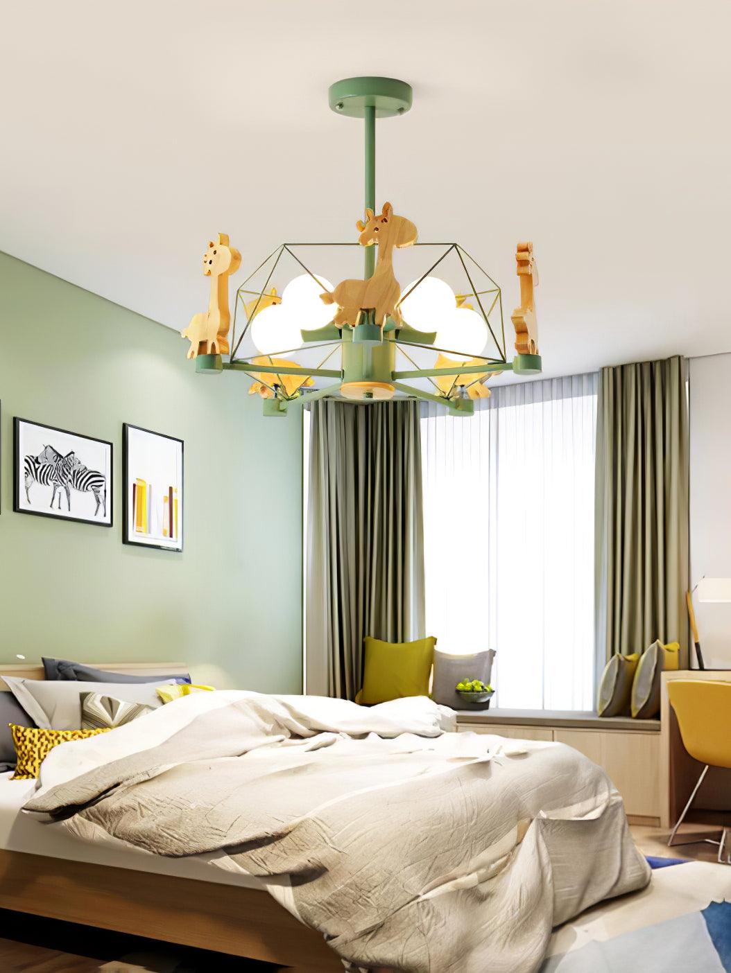Lovely Deer Animal Themed Wooden Chandelier Ceiling Light for Kids Bedroom and Playroom