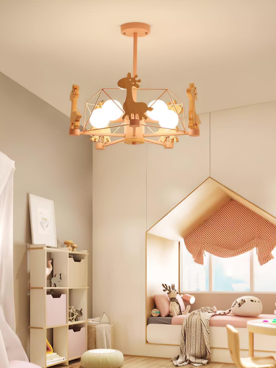 Lovely Deer Animal Themed Wooden Chandelier Ceiling Light for Kids Bedroom and Playroom