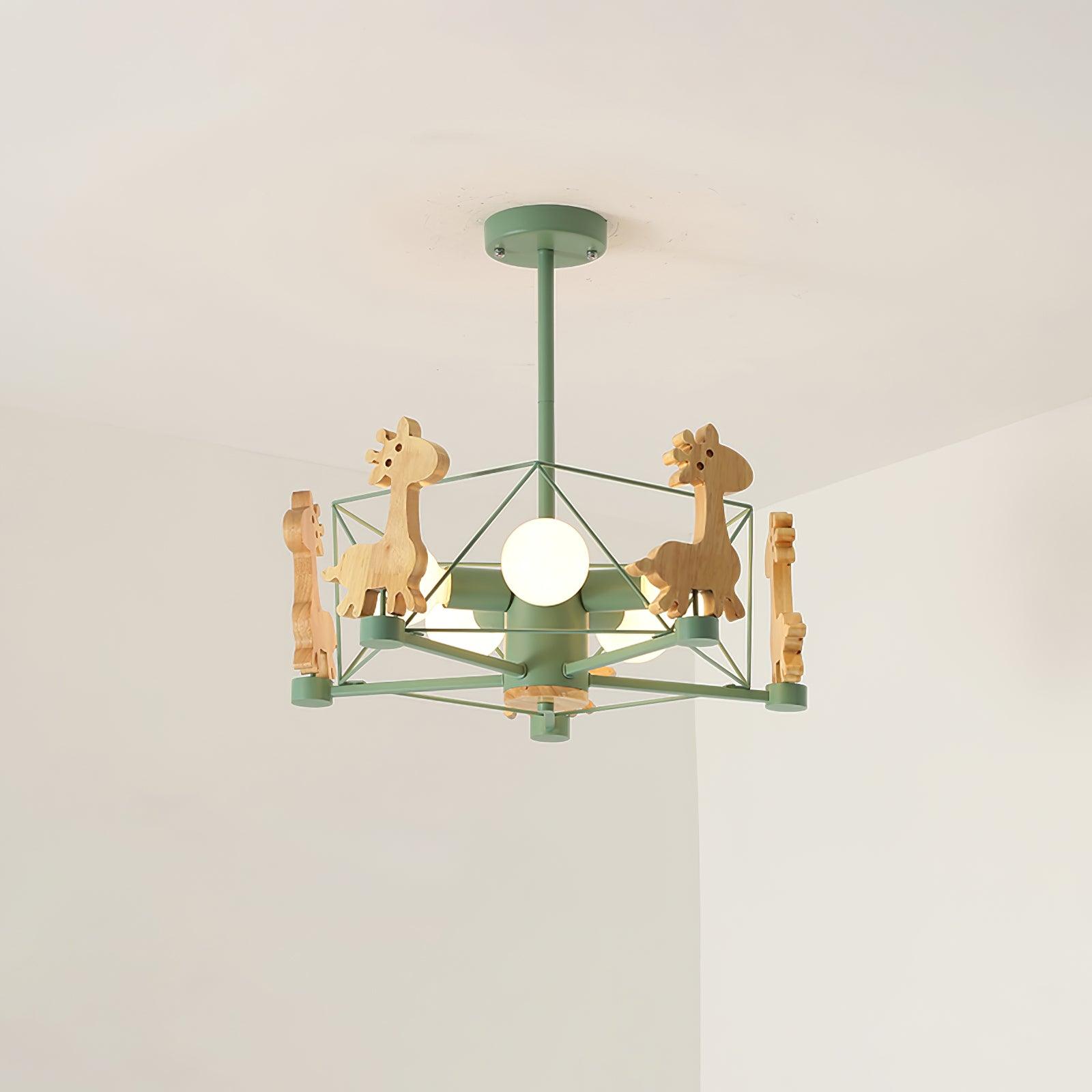 Lovely Deer Animal Themed Wooden Chandelier Ceiling Light for Kids Bedroom and Playroom