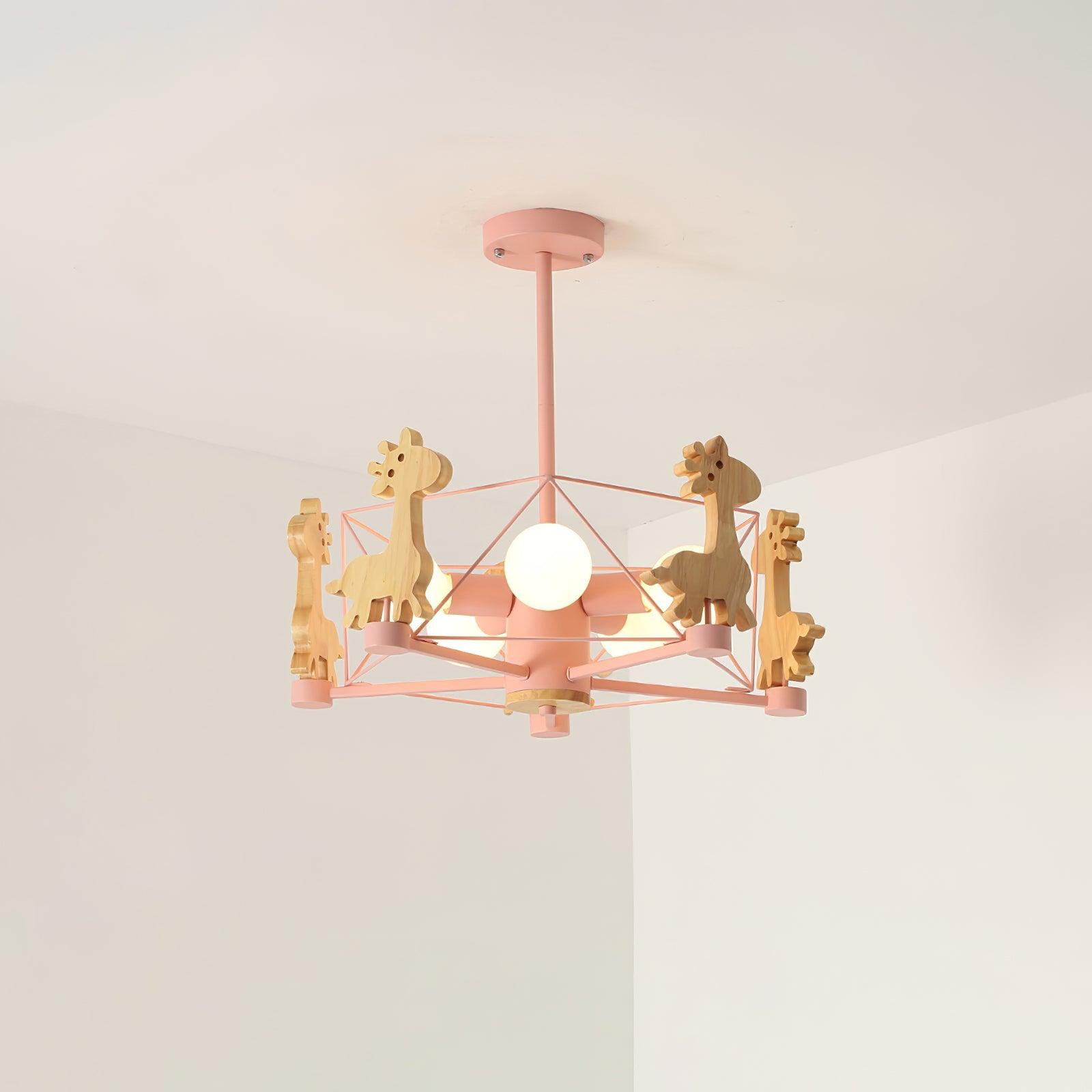 Lovely Deer Animal Themed Wooden Chandelier Ceiling Light for Kids Bedroom and Playroom