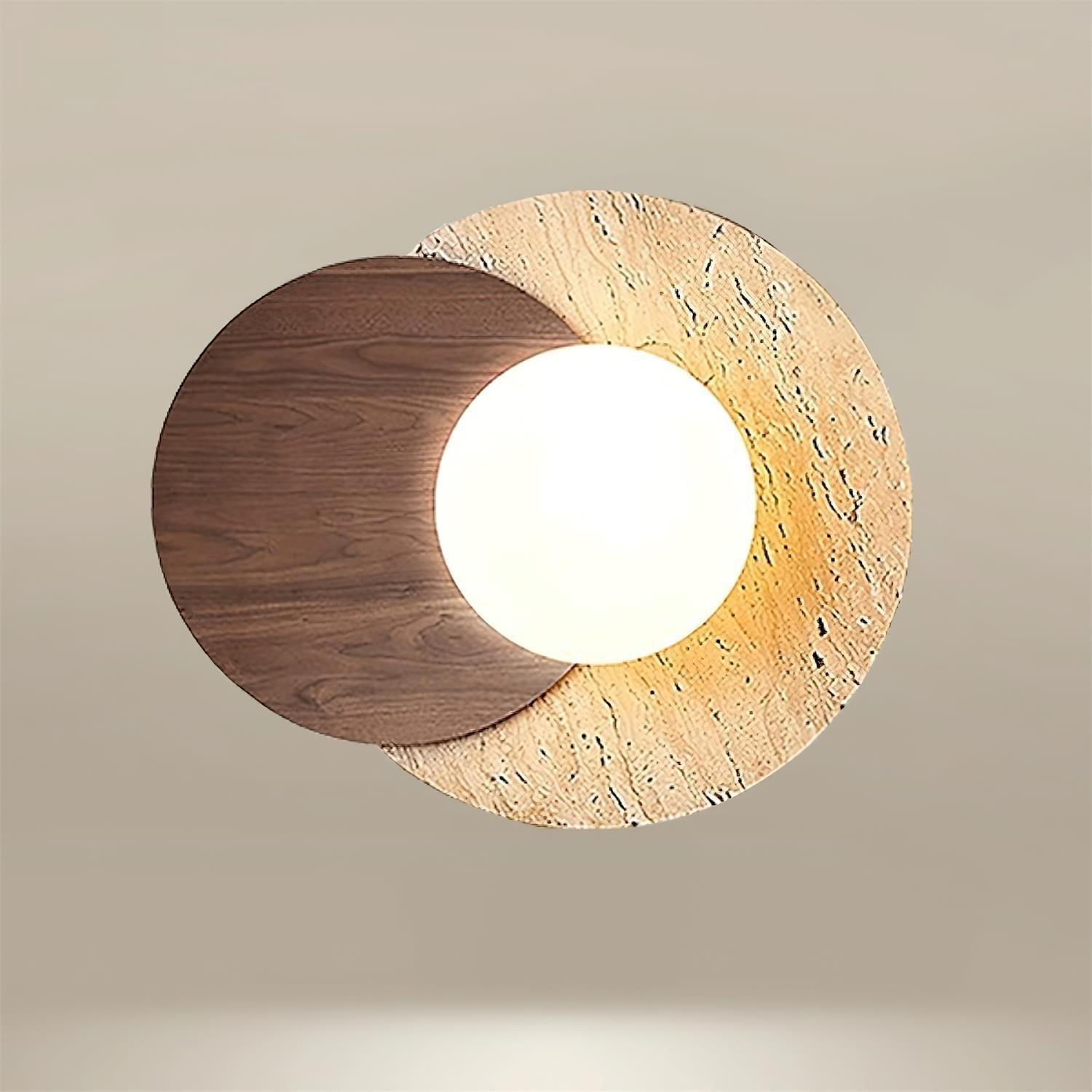 Lunar Eclipse Modern Glass Globe Wall Lamp with Travertine and Wood Base