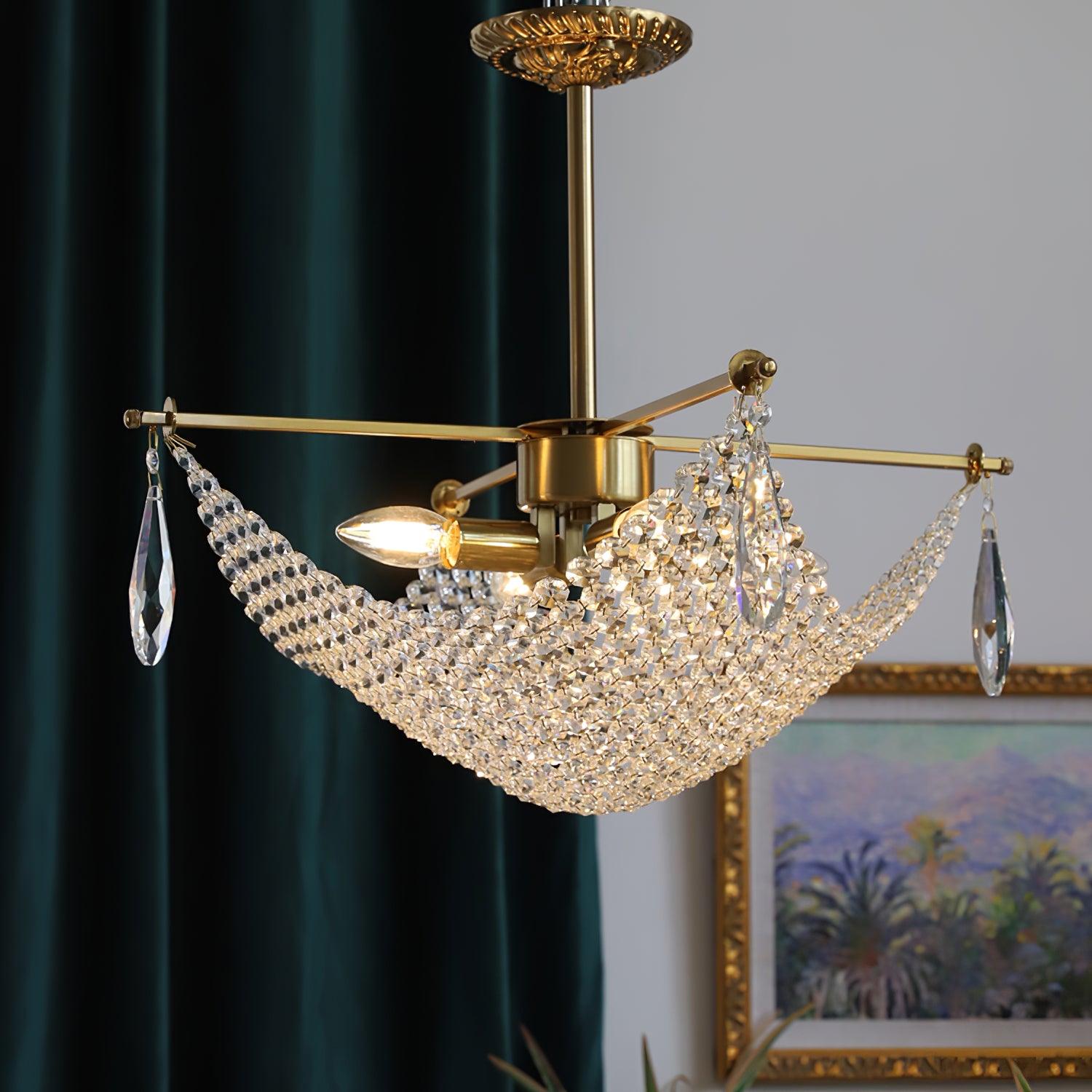 Luxurious Crystal Crown Chandelier Copper Plated Hemispherical Pendant Lighting