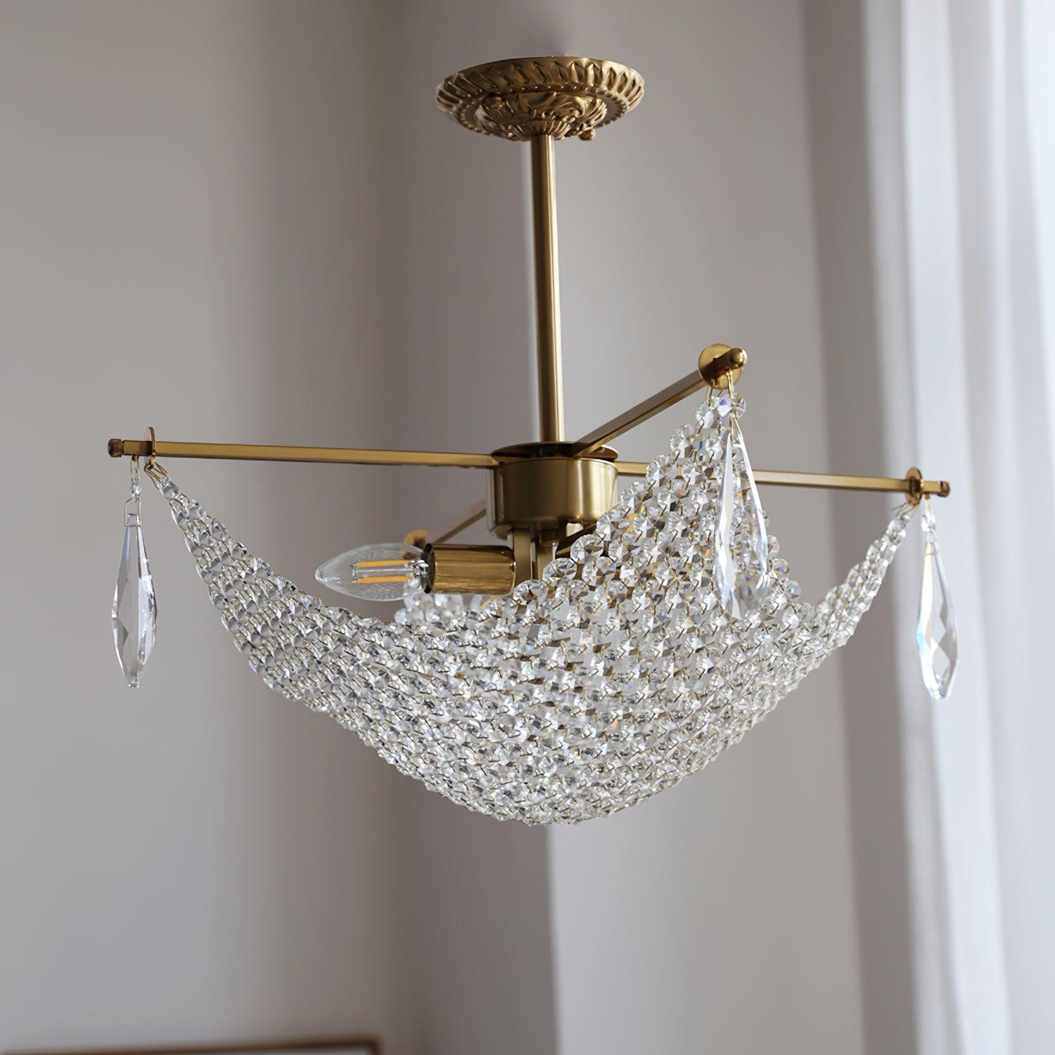 Luxurious Crystal Crown Chandelier Copper Plated Hemispherical Pendant Lighting