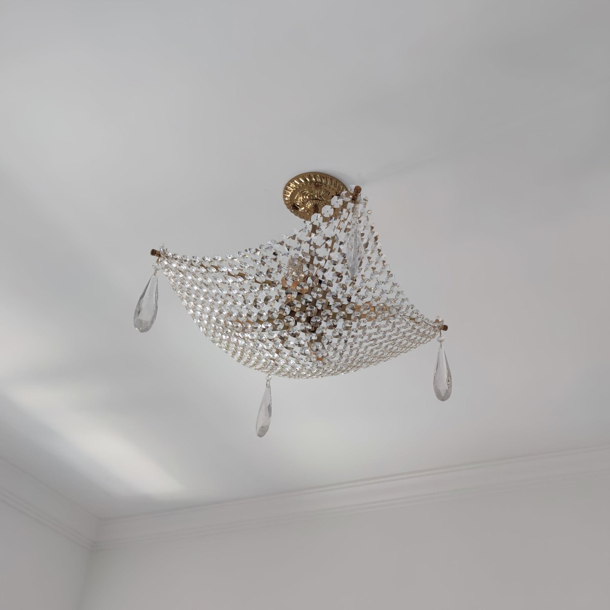Luxurious Crystal Crown Chandelier Copper Plated Hemispherical Pendant Lighting