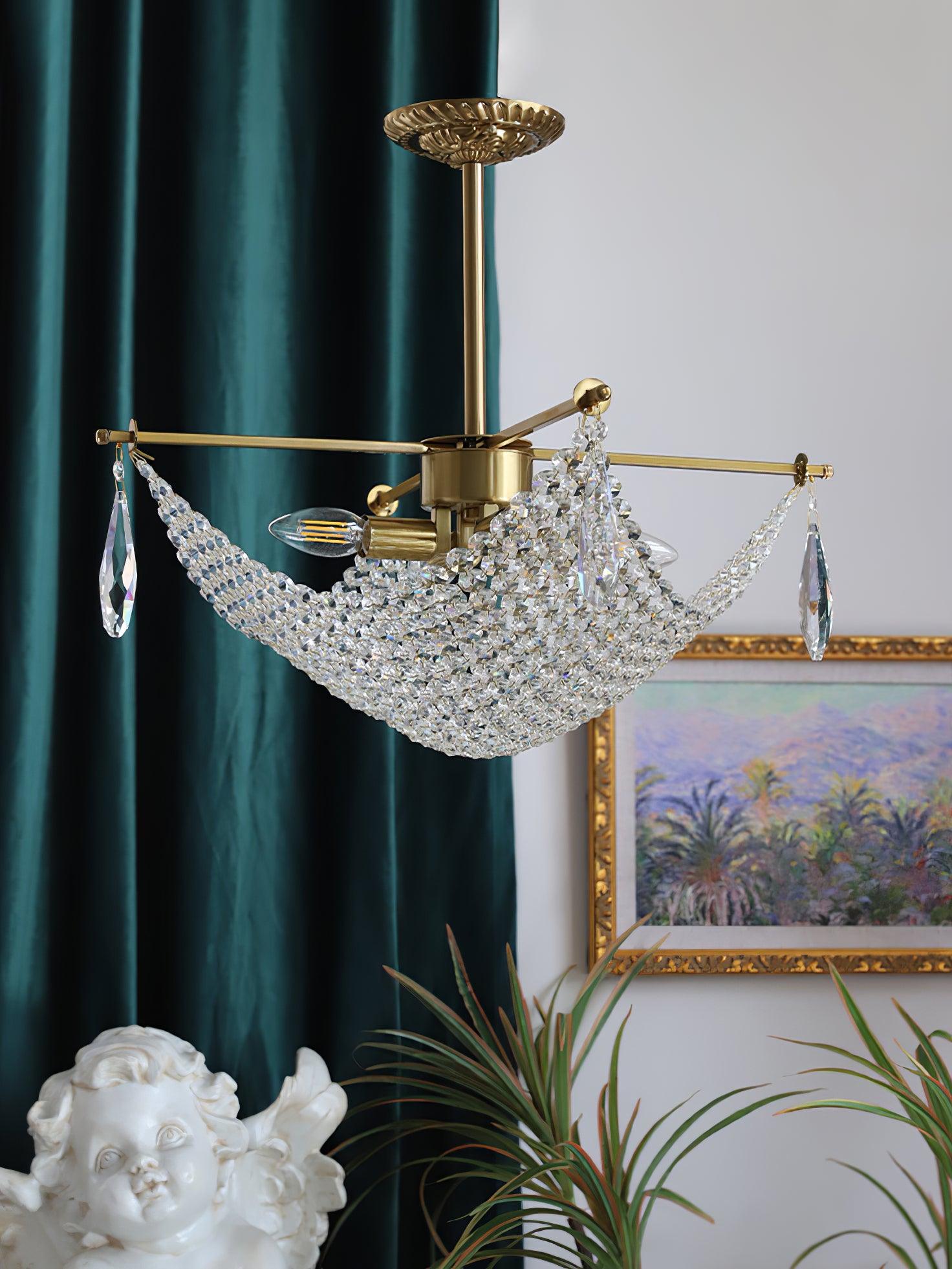 Luxurious Crystal Crown Chandelier Copper Plated Hemispherical Pendant Lighting