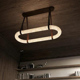 Luxury Alabaster Ring Chandelier with Brown Leather Straps and Integrated LED
