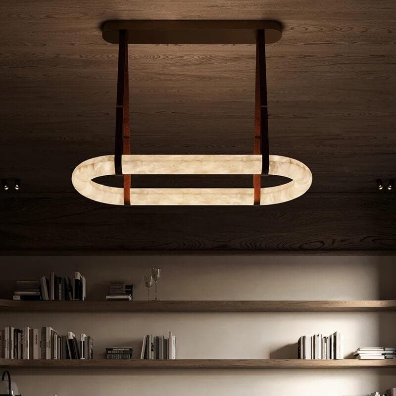 Luxury Alabaster Ring Chandelier with Brown Leather Straps and Integrated LED
