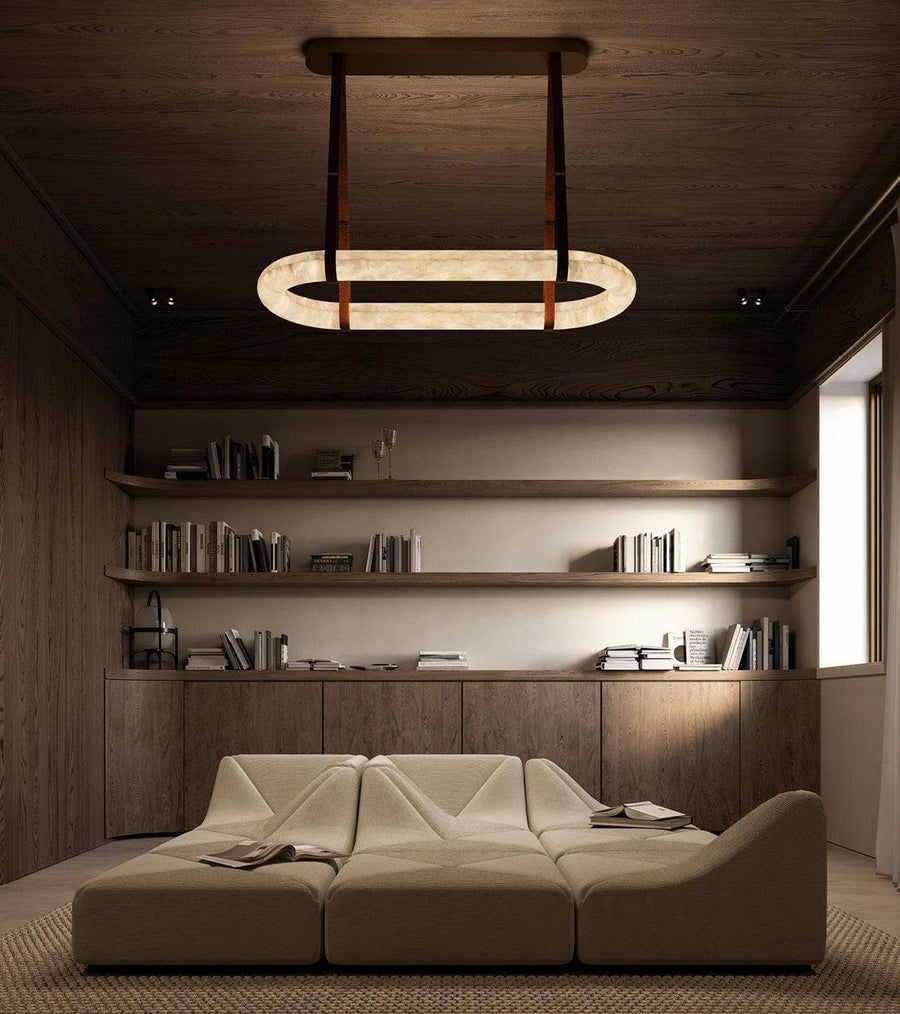 Luxury Alabaster Ring Chandelier with Brown Leather Straps and Integrated LED