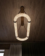 Luxury Alabaster Ring Chandelier with Brown Leather Straps and Integrated LED