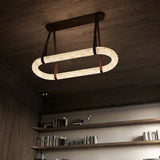 Luxury Alabaster Ring Chandelier with Brown Leather Straps and Integrated LED