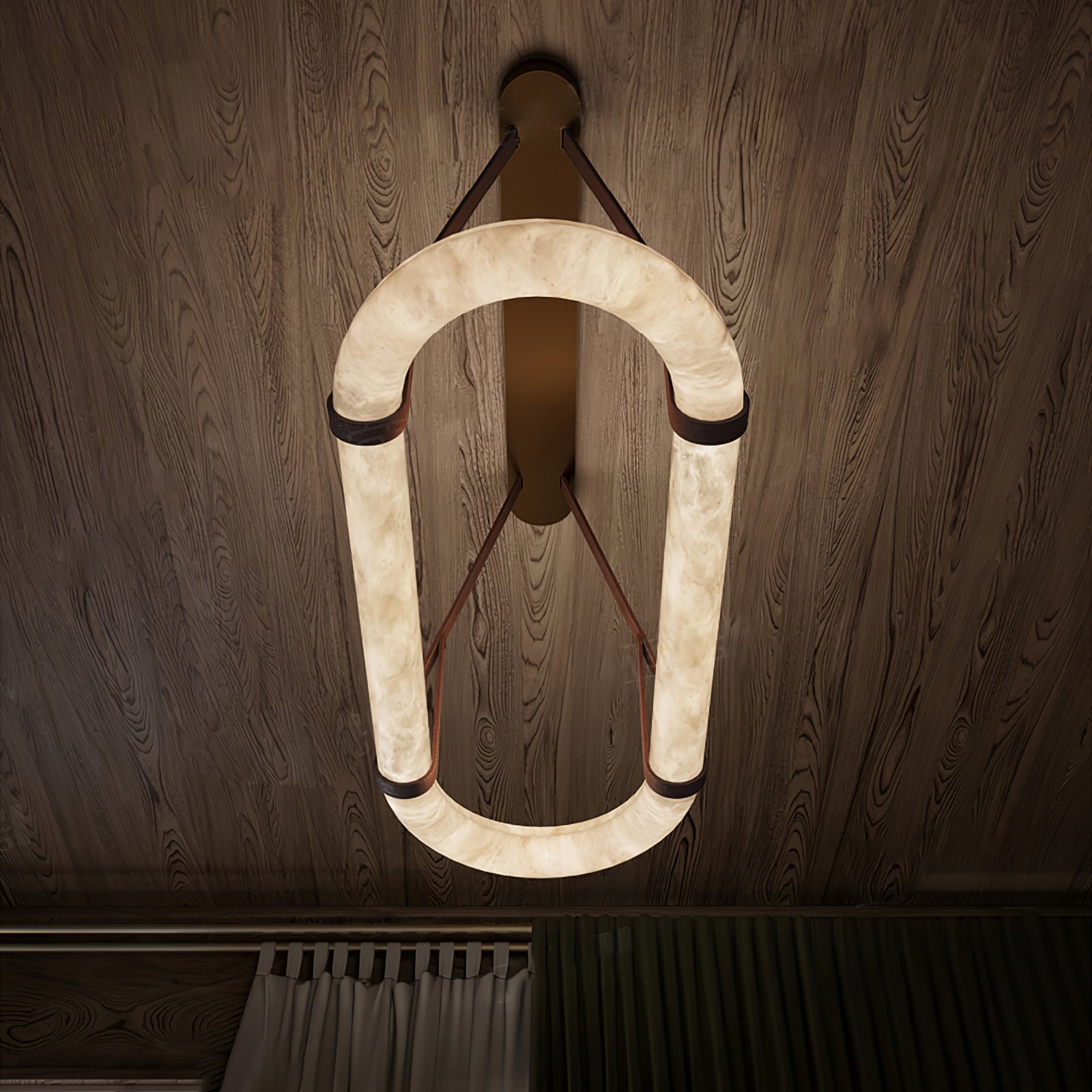 Luxury Alabaster Ring Chandelier with Brown Leather Straps and Integrated LED