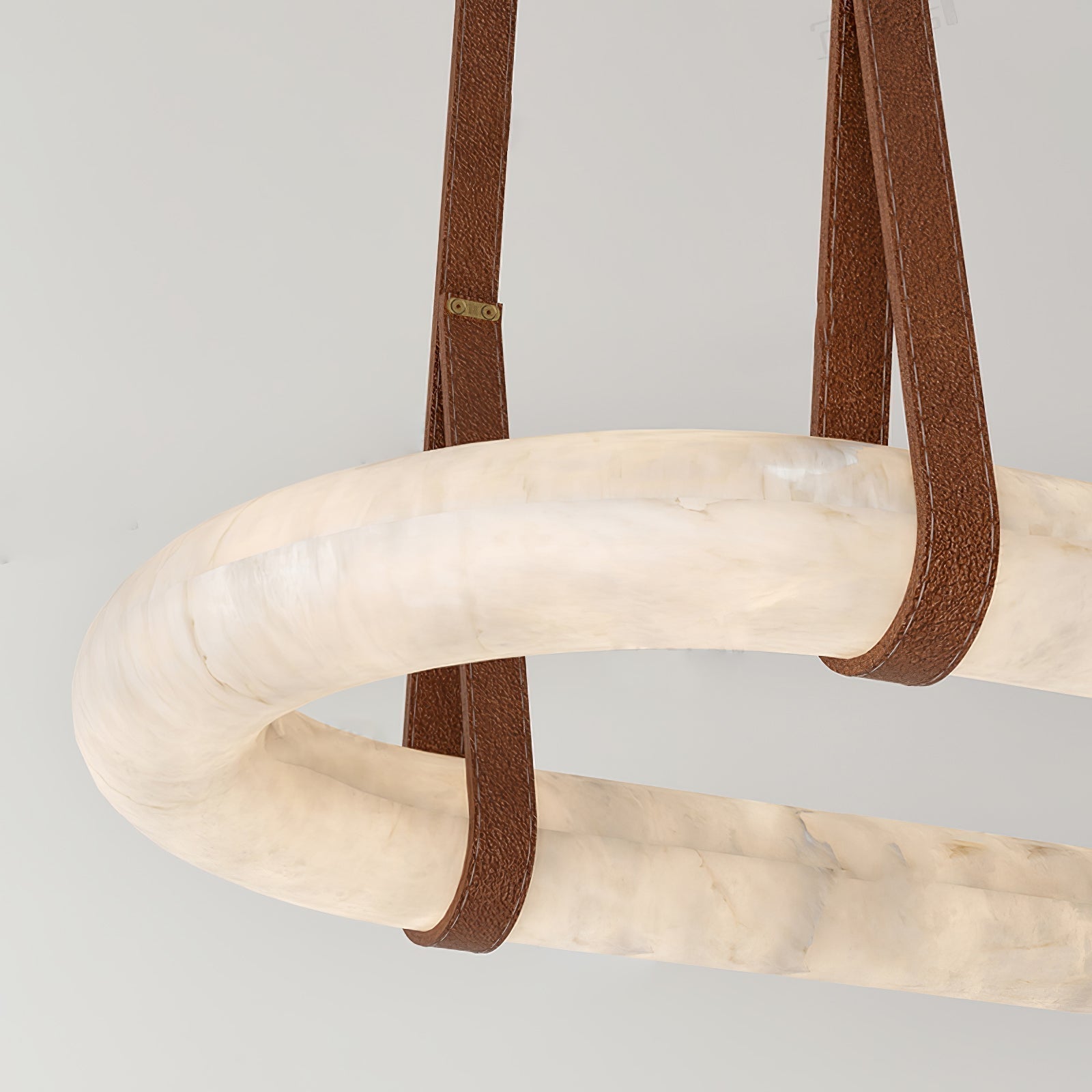 Luxury Alabaster Ring Chandelier with Brown Leather Straps and Integrated LED