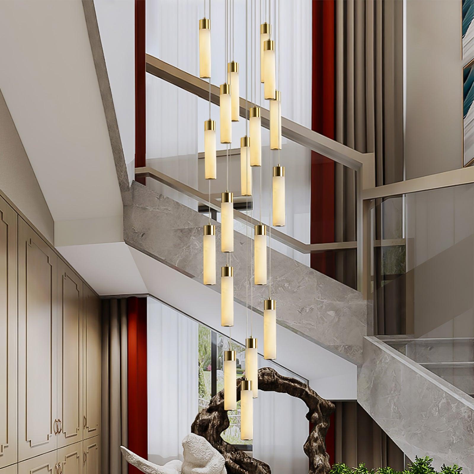 Luxury Alabaster Stone Cylinder Pendant Chandelier with Brass Fittings for Grand Entryways