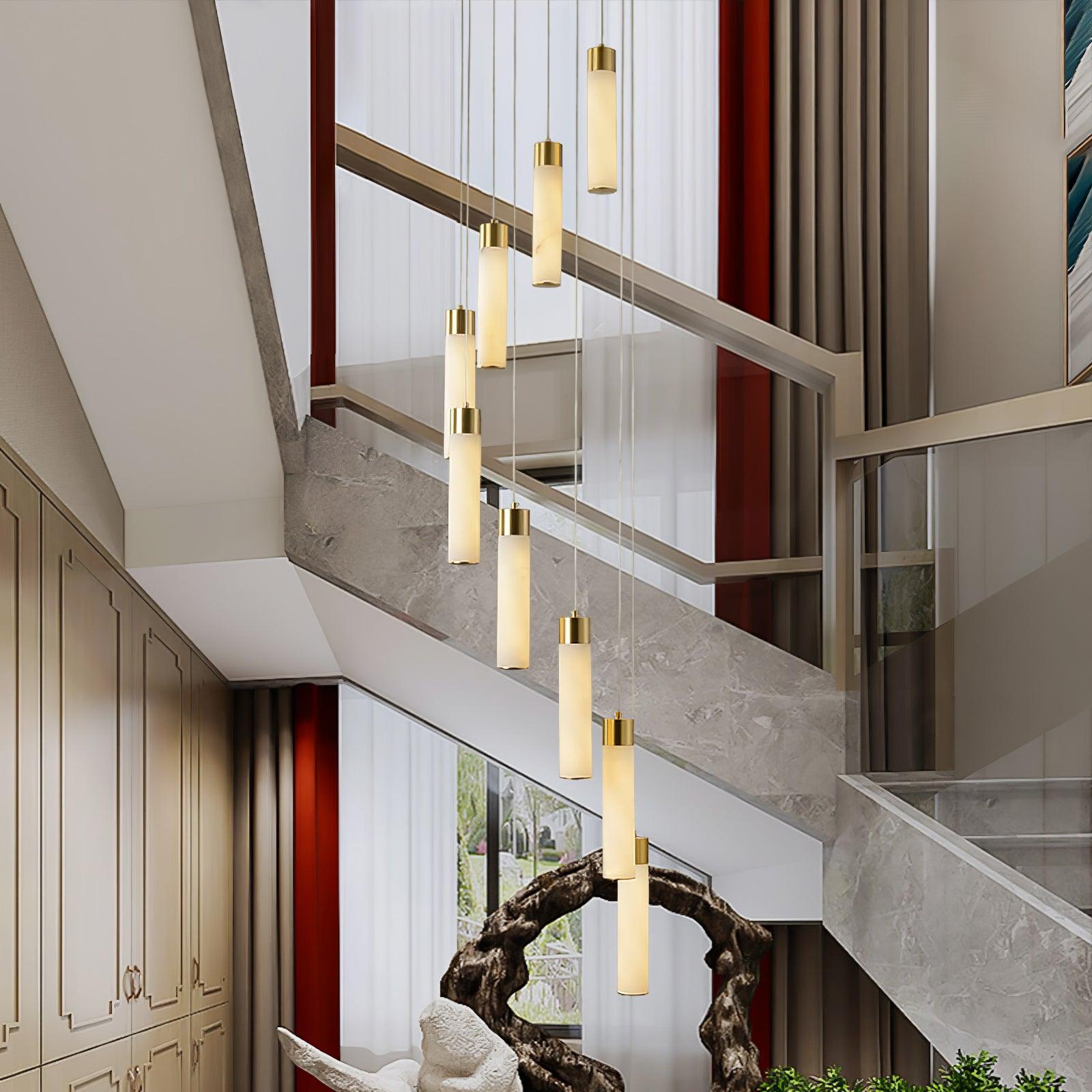 Luxury Alabaster Stone Cylinder Pendant Chandelier with Brass Fittings for Grand Entryways