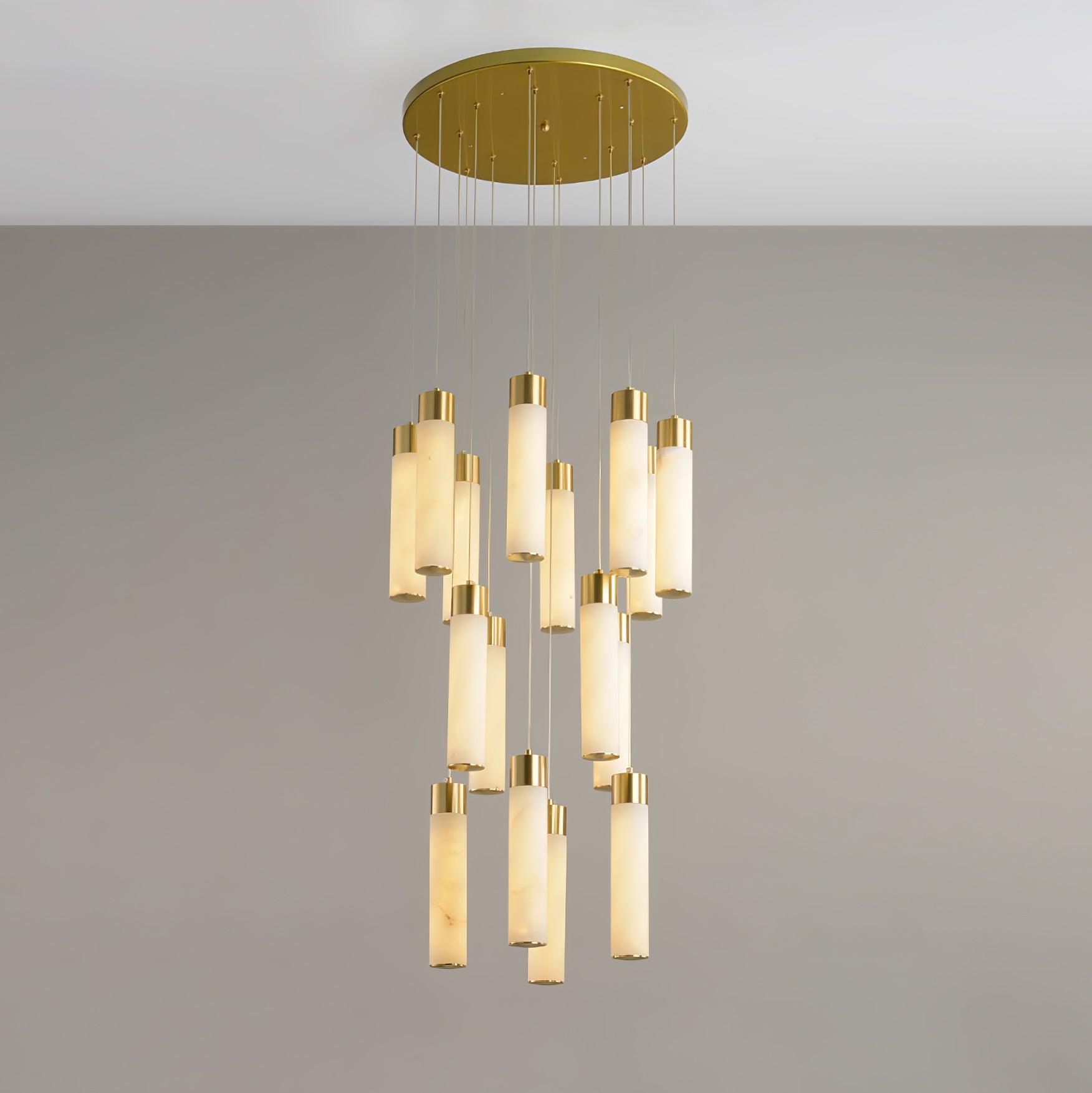 Luxury Alabaster Stone Cylinder Pendant Chandelier with Brass Fittings for Grand Entryways