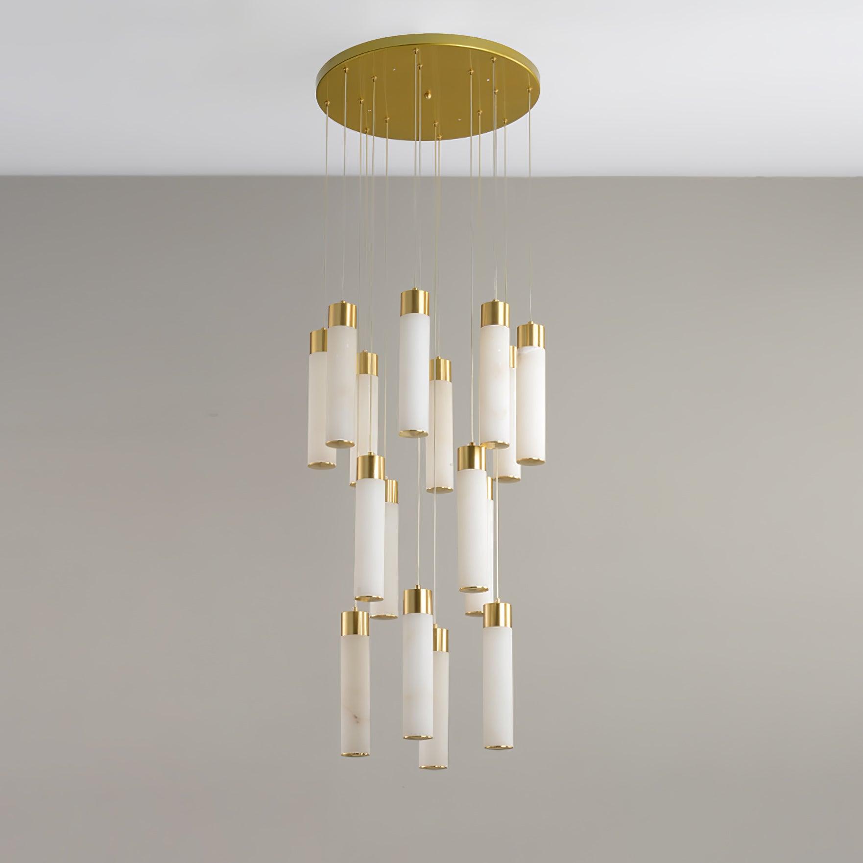 Luxury Alabaster Stone Cylinder Pendant Chandelier with Brass Fittings for Grand Entryways