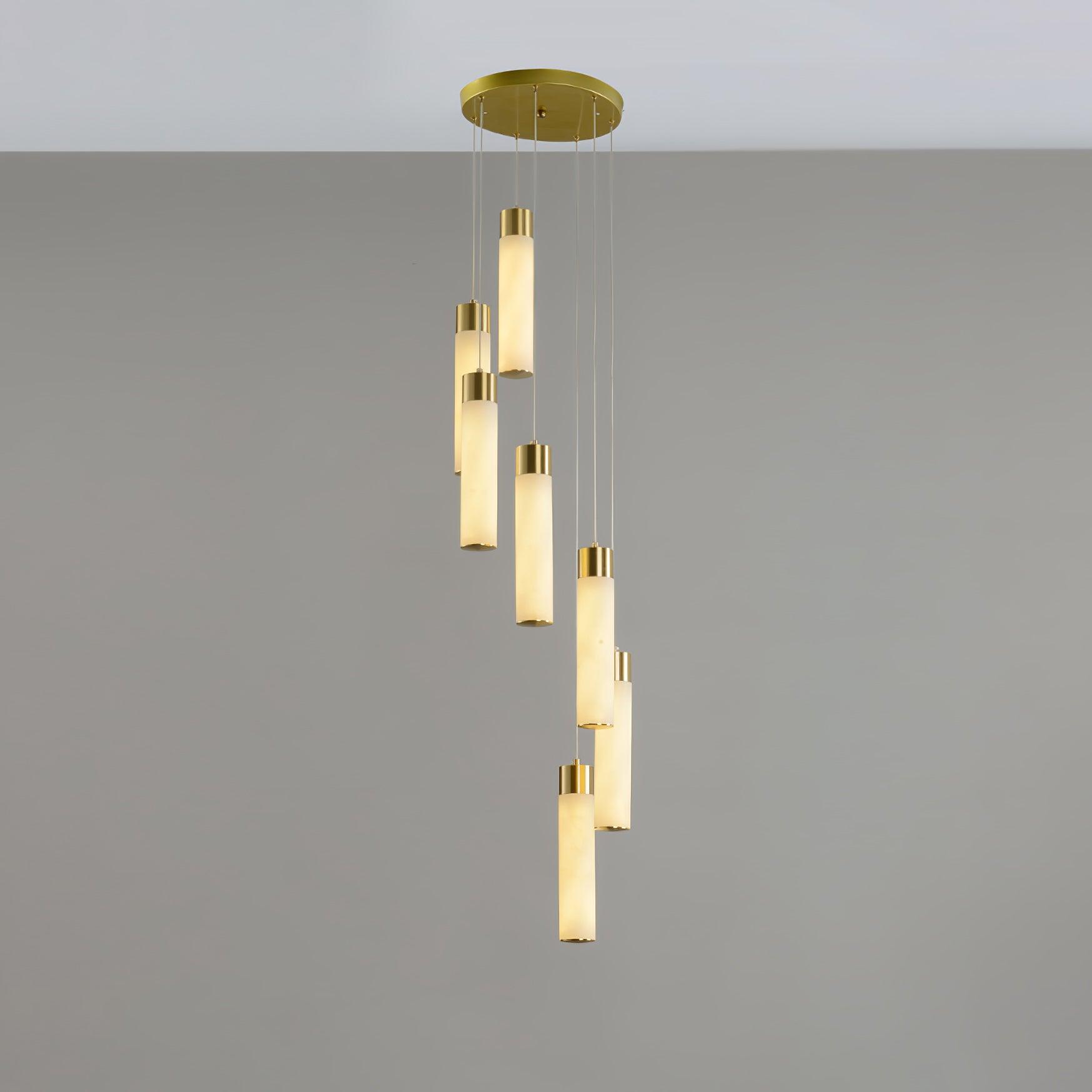 Luxury Alabaster Stone Cylinder Pendant Chandelier with Brass Fittings for Grand Entryways