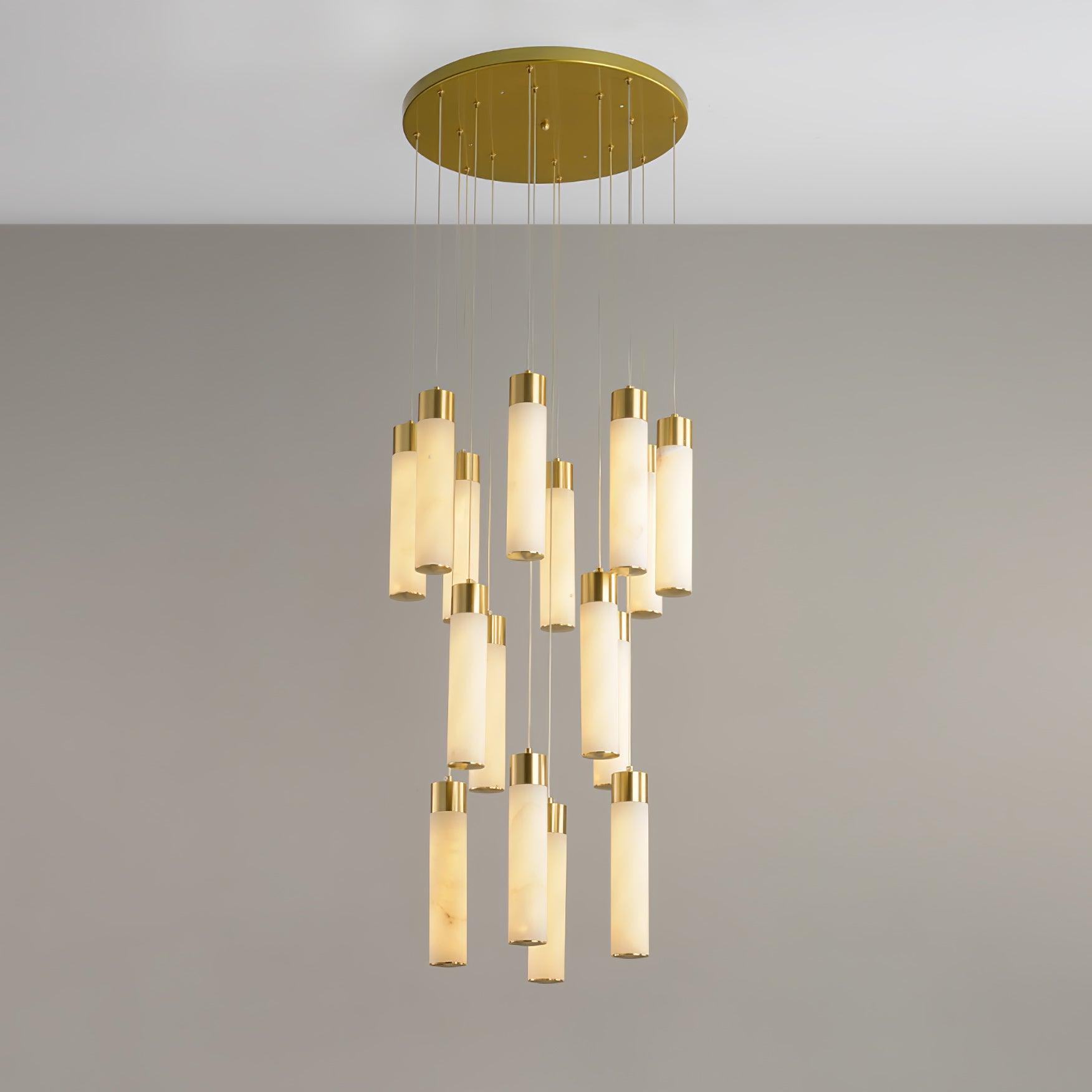 Luxury Alabaster Stone Cylinder Pendant Chandelier with Brass Fittings for Grand Entryways