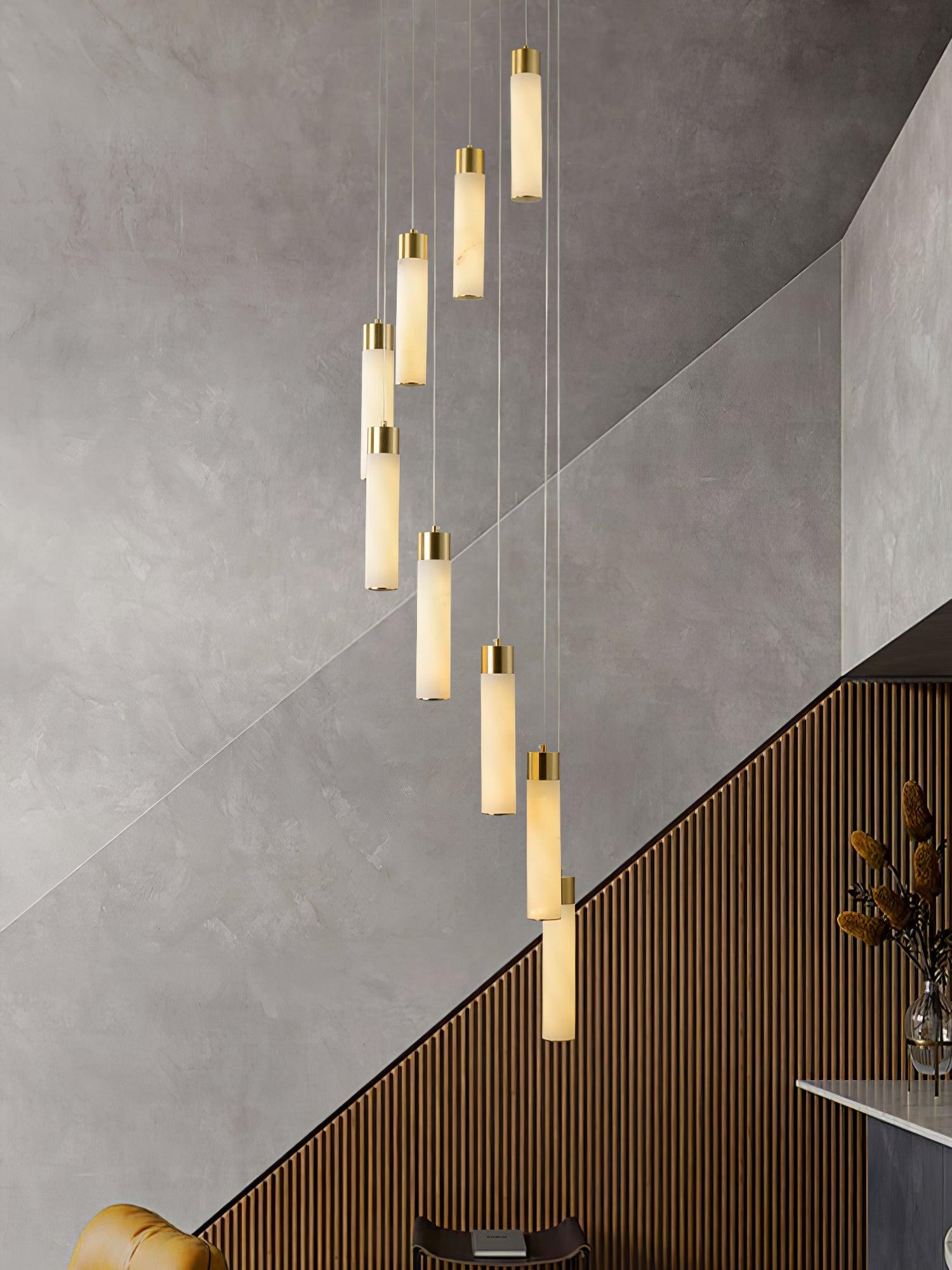 Luxury Alabaster Stone Cylinder Pendant Chandelier with Brass Fittings for Grand Entryways