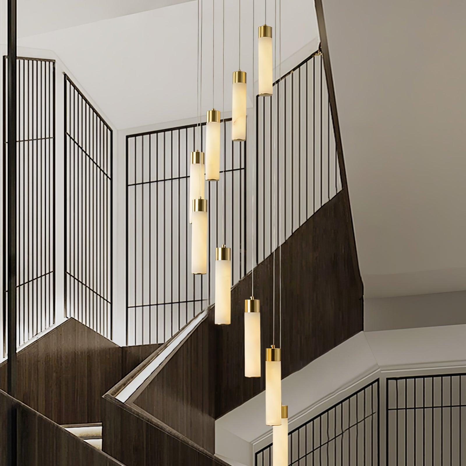 Luxury Alabaster Stone Cylinder Pendant Chandelier with Brass Fittings for Grand Entryways