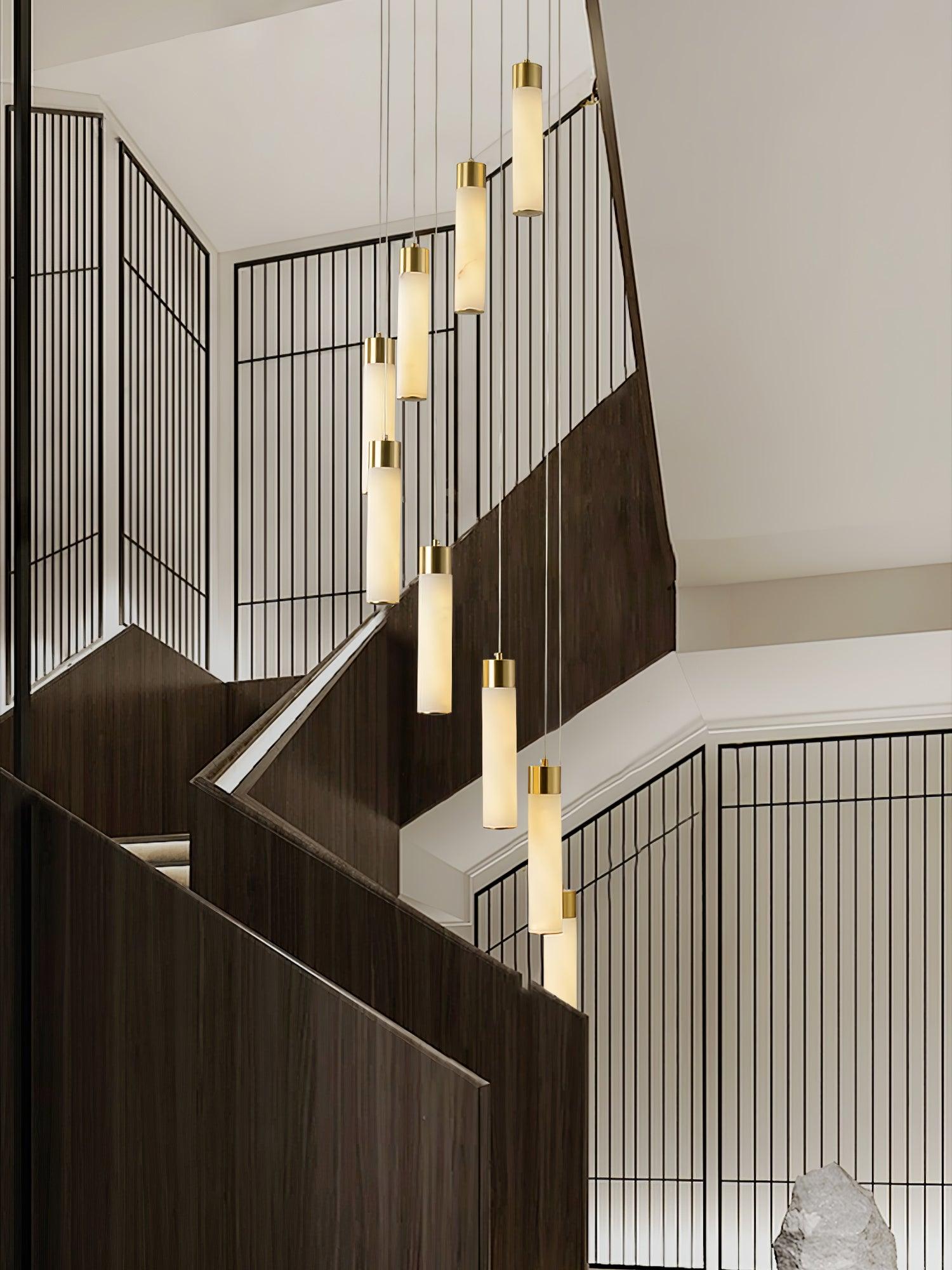 Luxury Alabaster Stone Cylinder Pendant Chandelier with Brass Fittings for Grand Entryways