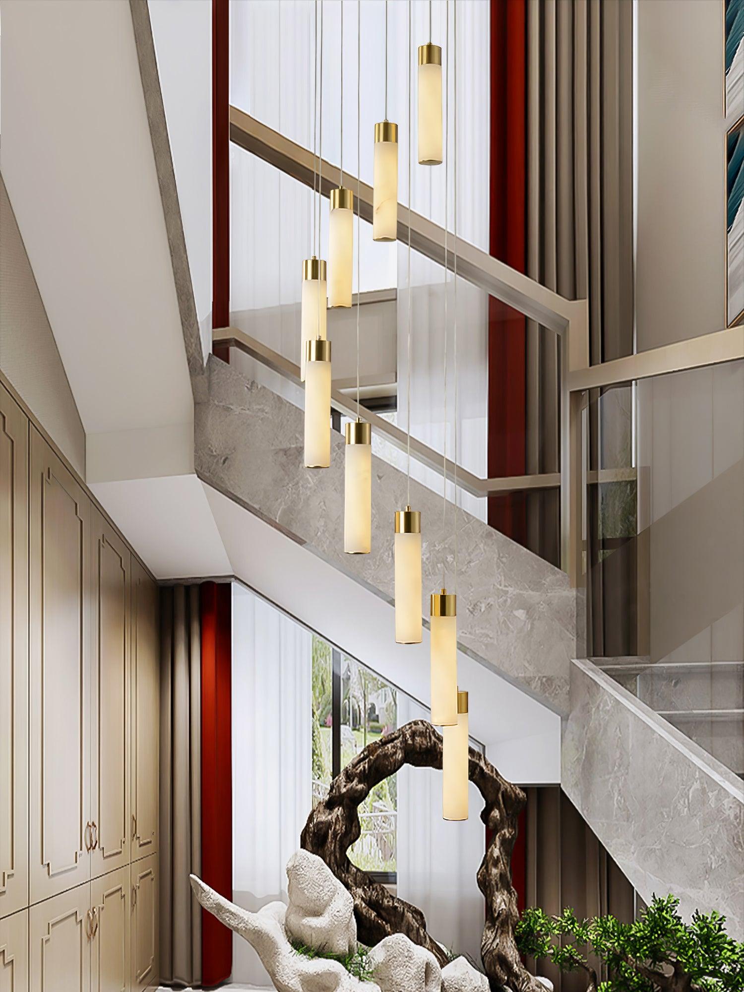 Luxury Alabaster Stone Cylinder Pendant Chandelier with Brass Fittings for Grand Entryways
