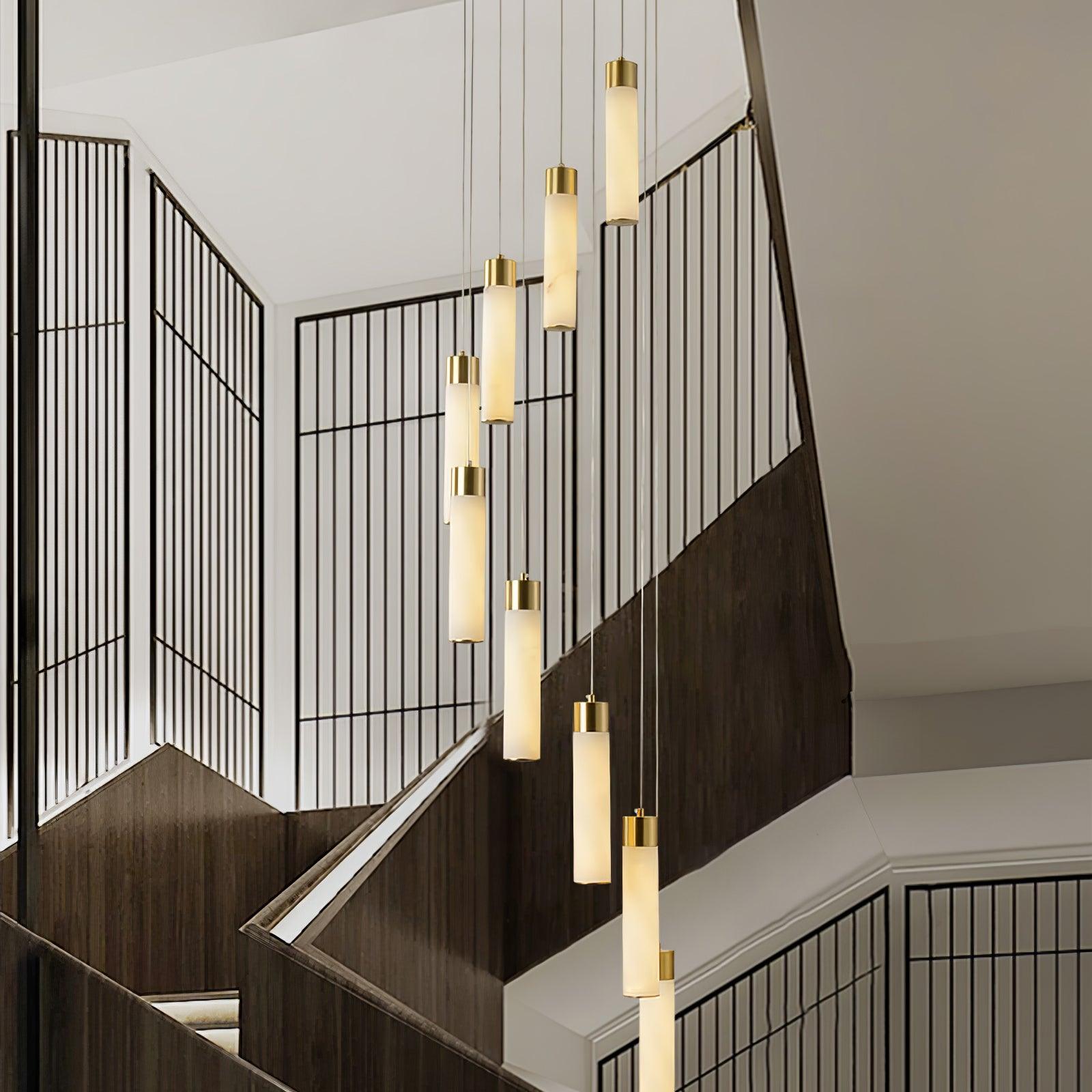Luxury Alabaster Stone Cylinder Pendant Chandelier with Brass Fittings for Grand Entryways