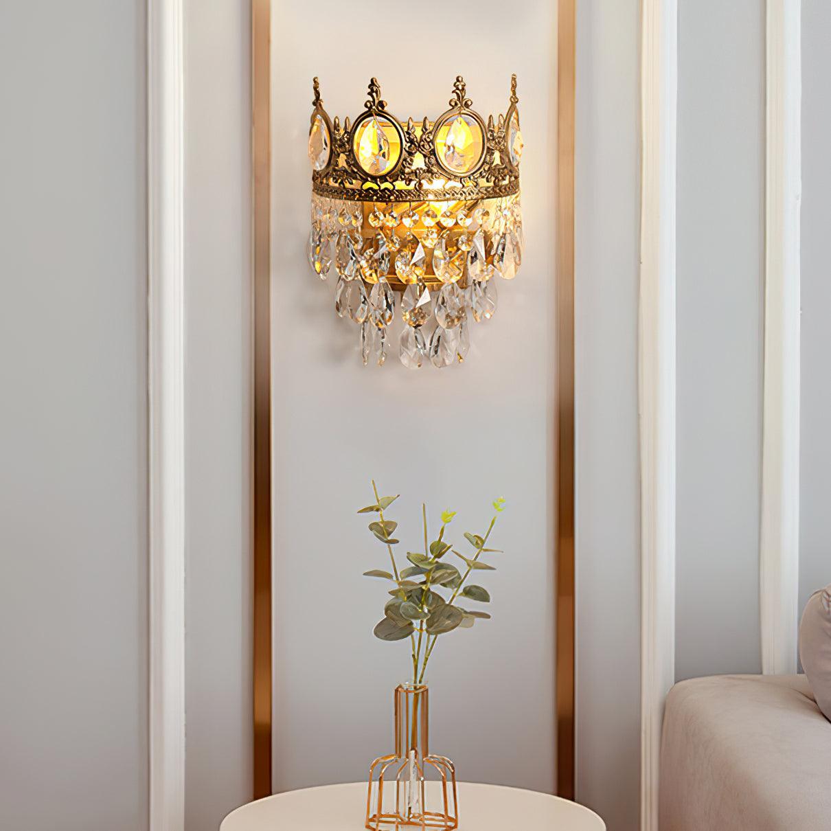Luxury Antique Crystal Wall Sconce Set of 2 Brass and Glass Droplet Indoor Lighting Fixtures