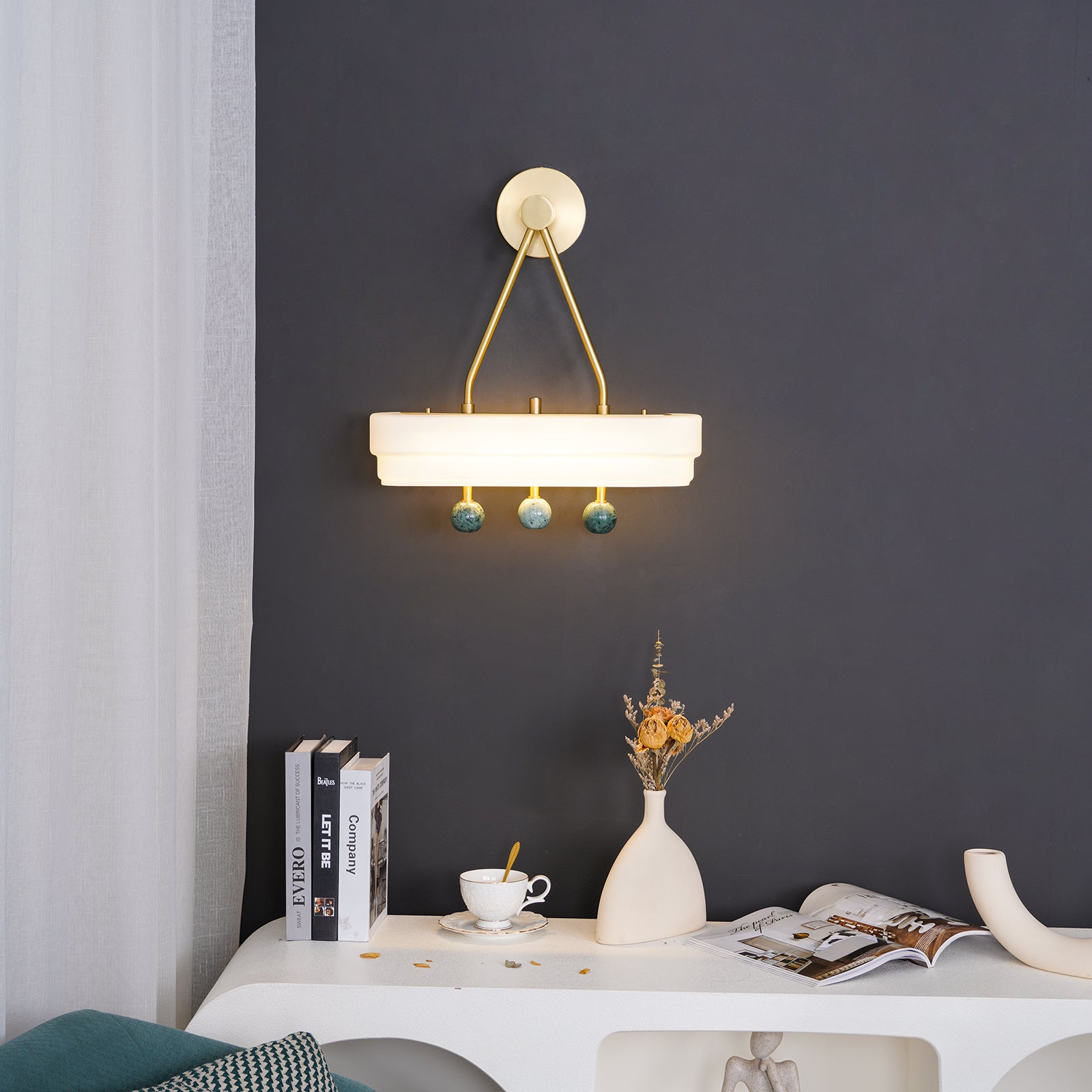 Luxury Art Deco Spate Wall Sconce with Marble Spheres and Opal Glass Shade