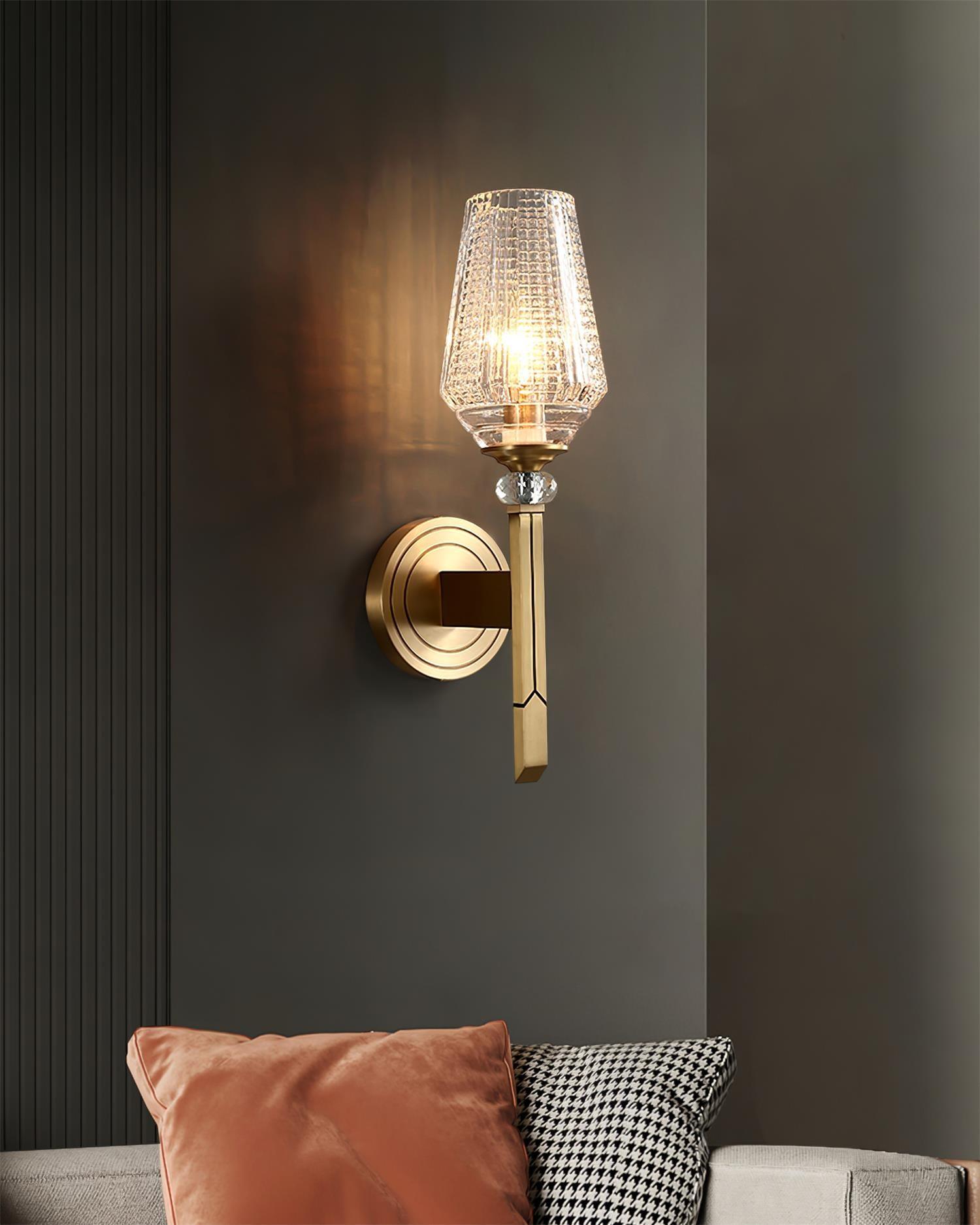 Luxury Brass Bracket Light Wall Sconce with Faceted Ribbed Glass Shade Set of 2