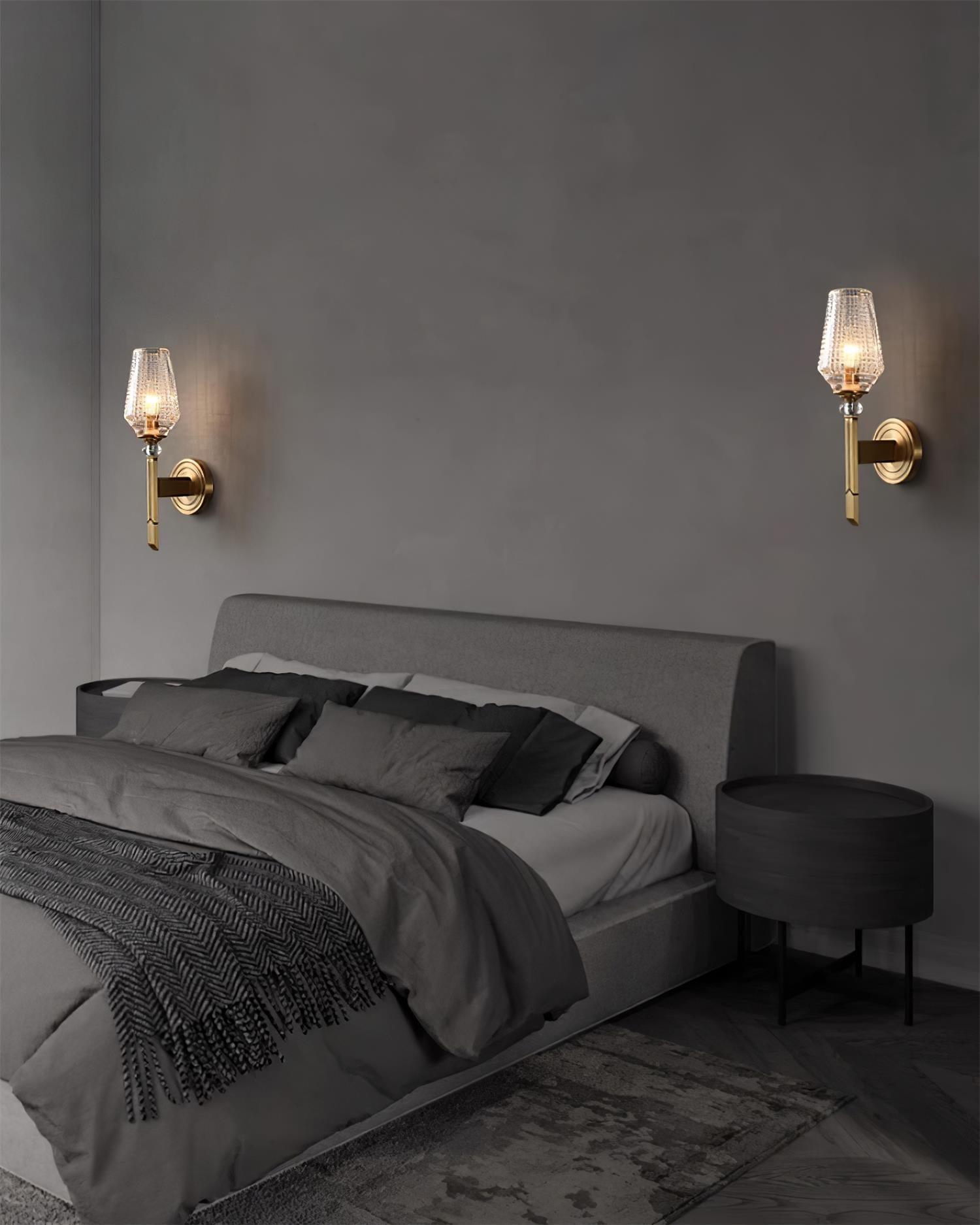 Luxury Brass Bracket Light Wall Sconce with Faceted Ribbed Glass Shade Set of 2