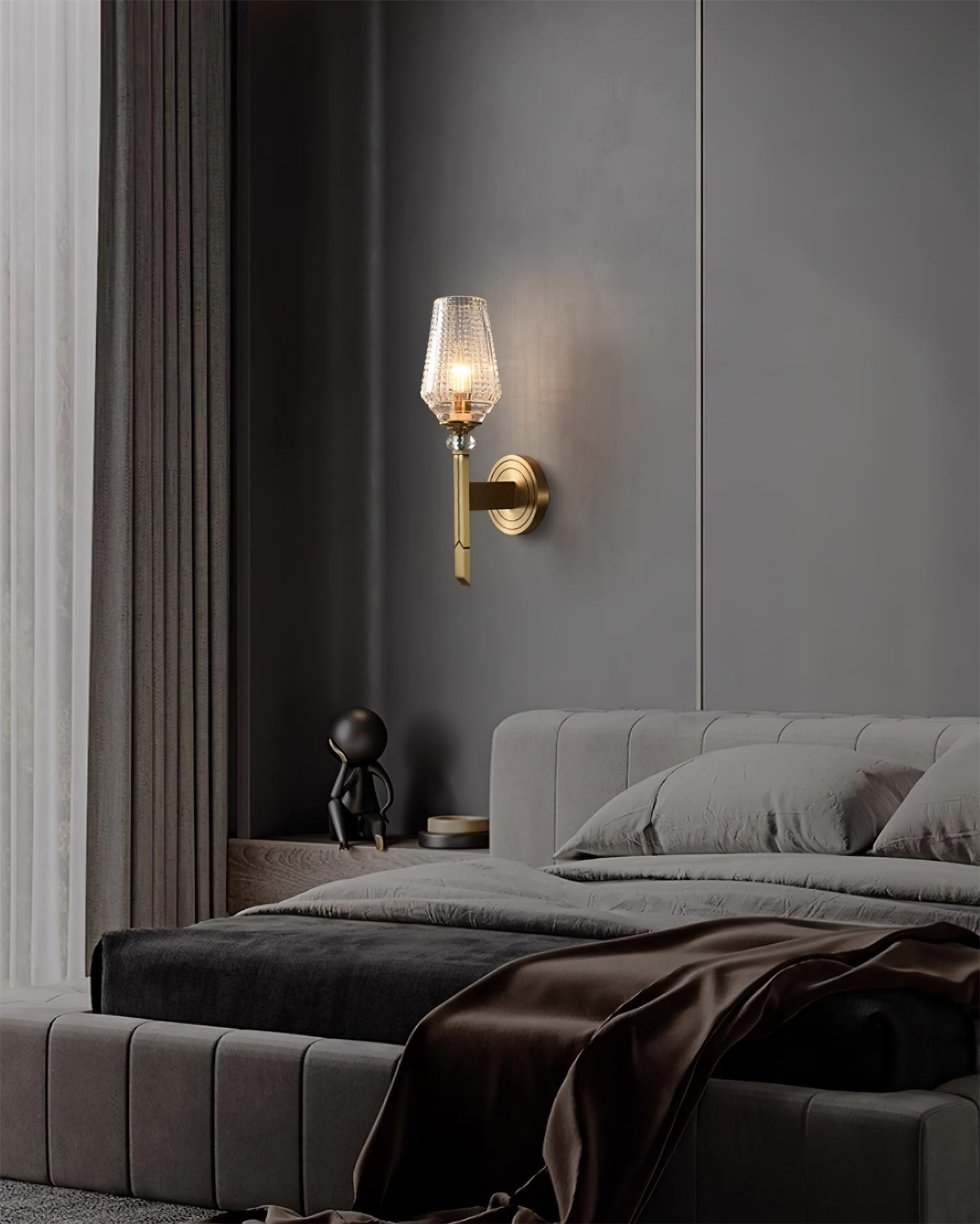 Luxury Brass Bracket Light Wall Sconce with Faceted Ribbed Glass Shade Set of 2