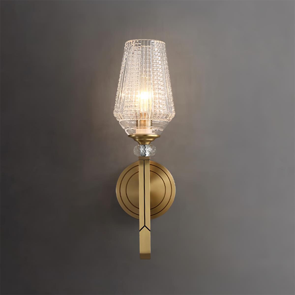 Luxury Brass Bracket Light Wall Sconce with Faceted Ribbed Glass Shade Set of 2