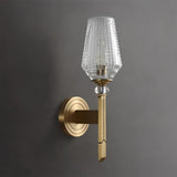 Luxury Brass Bracket Light Wall Sconce with Faceted Ribbed Glass Shade Set of 2