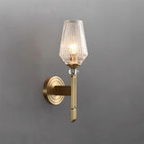 Luxury Brass Bracket Light Wall Sconce with Faceted Ribbed Glass Shade Set of 2