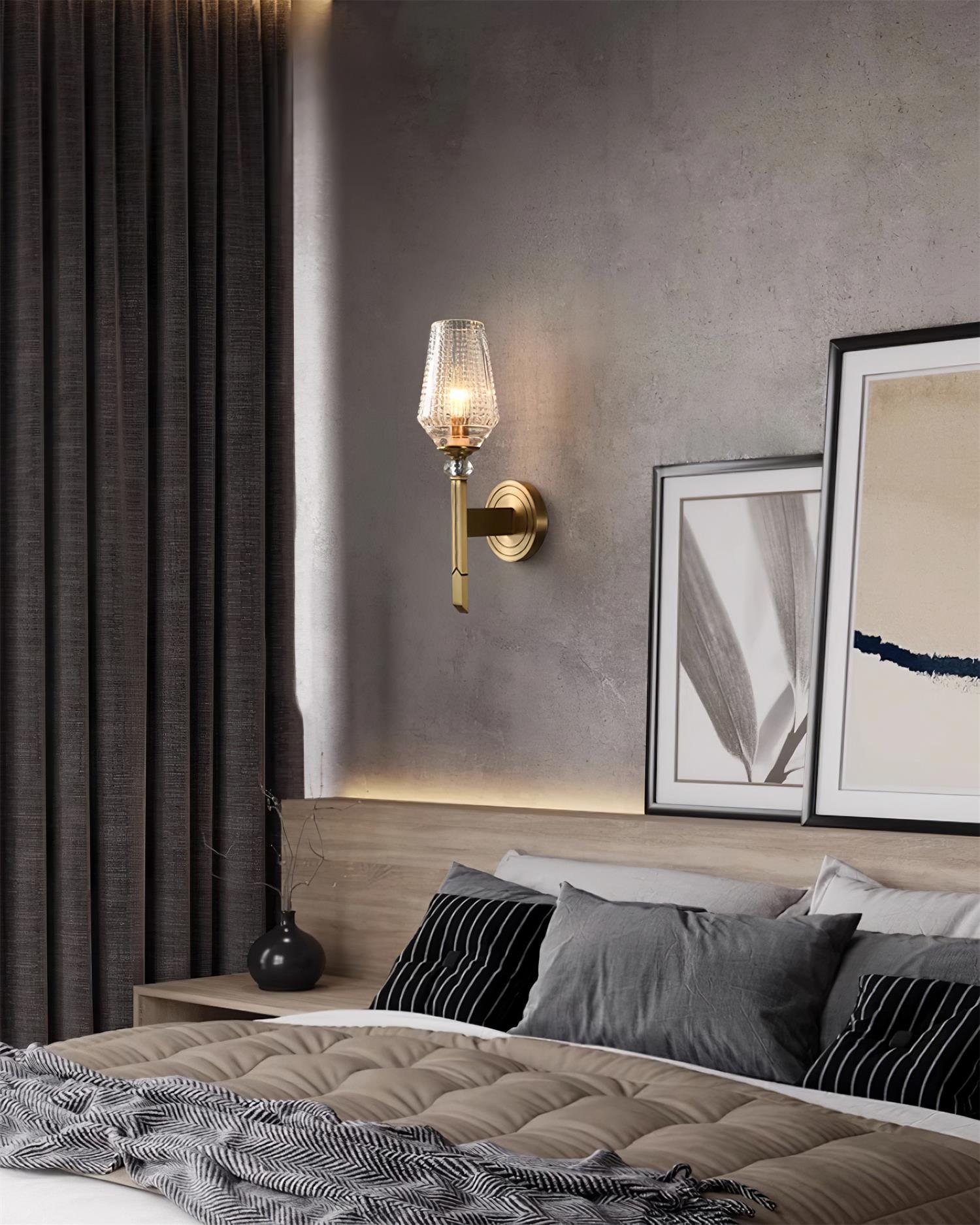 Luxury Brass Bracket Light Wall Sconce with Faceted Ribbed Glass Shade Set of 2