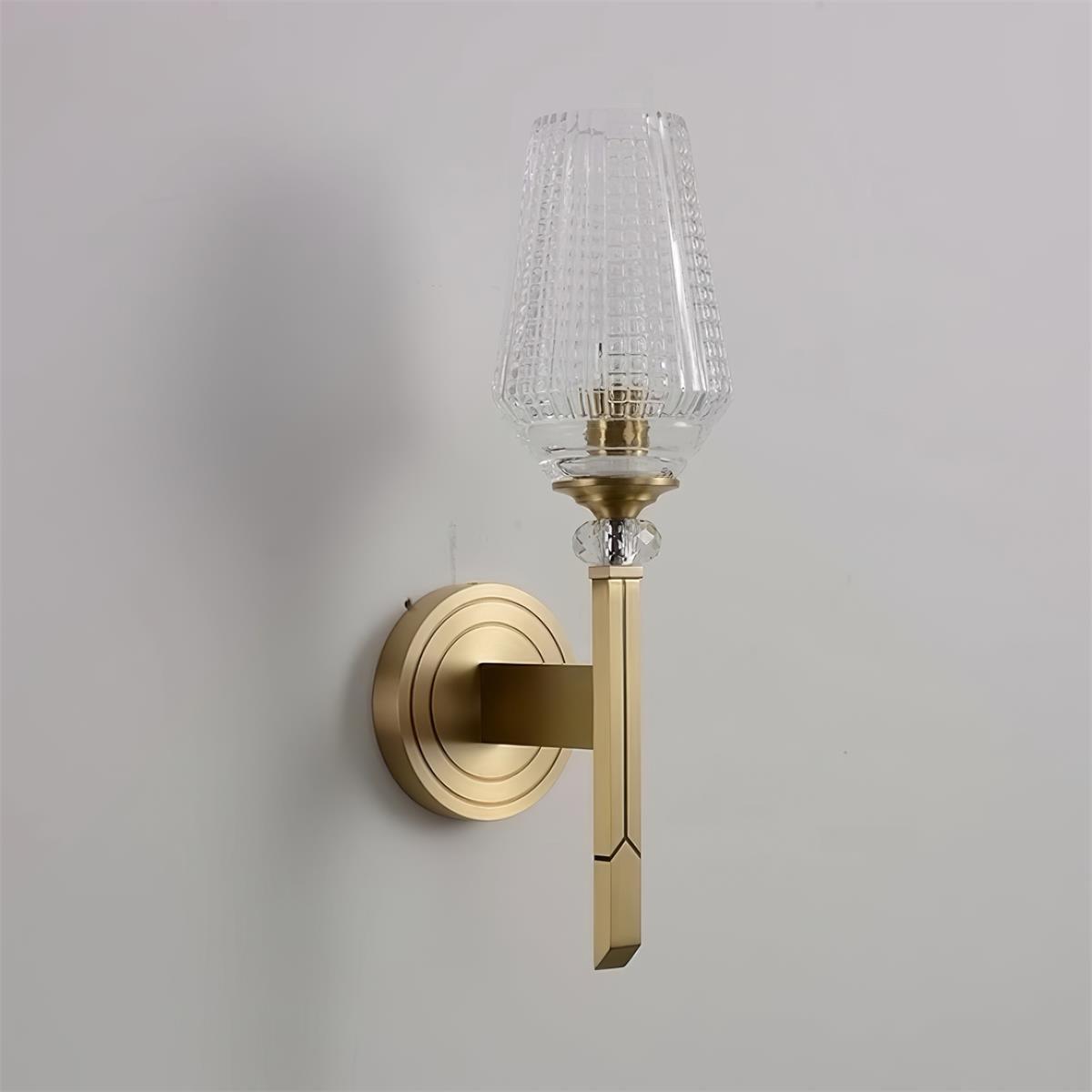 Luxury Brass Bracket Light Wall Sconce with Faceted Ribbed Glass Shade Set of 2