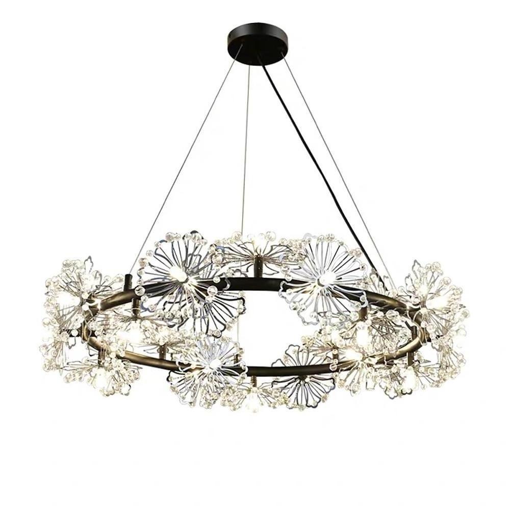 Luxury Circle Flower Crystal Chandelier Electroplated Metal LED Pendant Light Fixture for Modern Homes