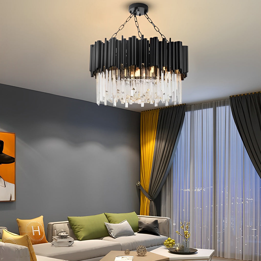 Luxury Circular Black Metal and Clear Crystal Pendant Light Modern LED Chandelier