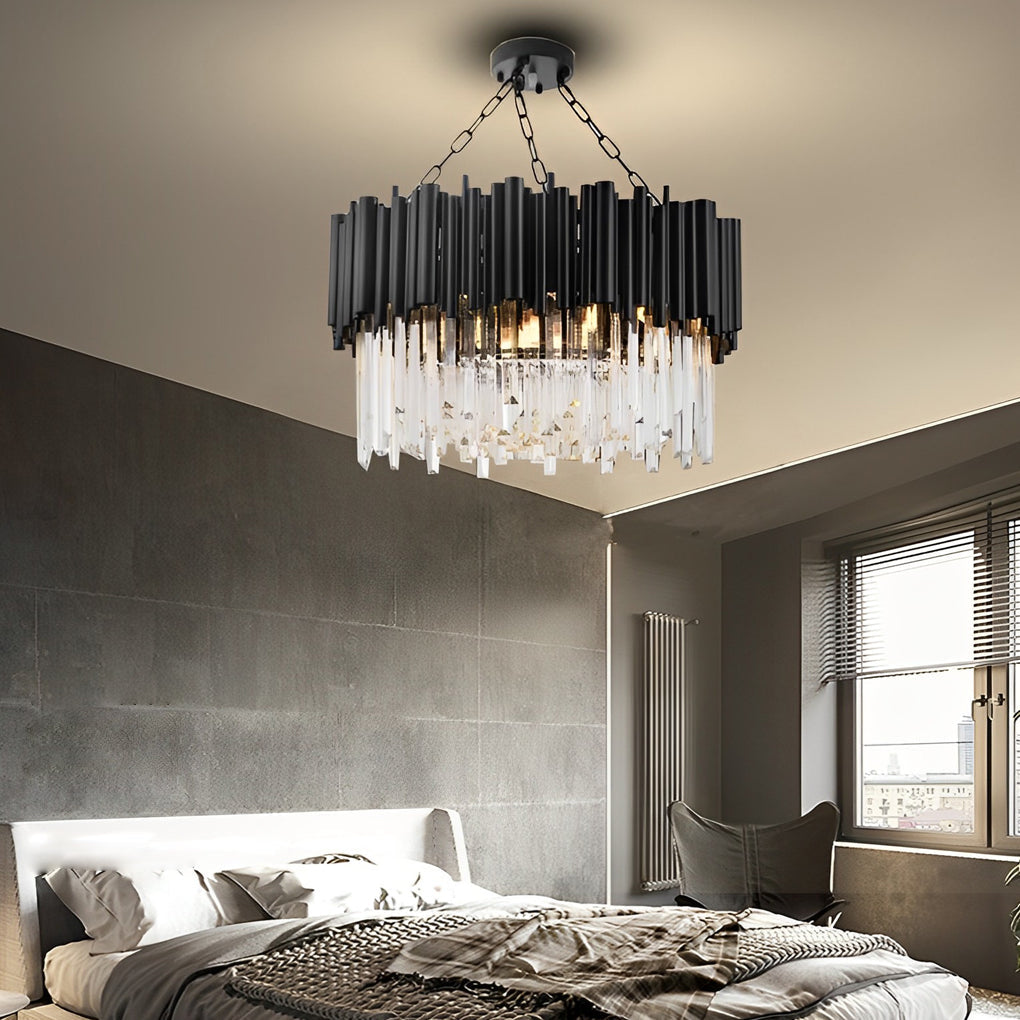 Luxury Circular Black Metal and Clear Crystal Pendant Light Modern LED Chandelier