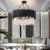 Luxury Circular Black Metal and Clear Crystal Pendant Light Modern LED Chandelier
