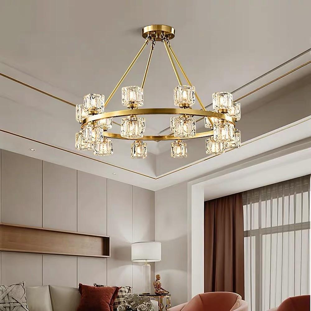 Luxury Copper and Crystal Flush Mount Chandelier Gold Finish LED Ceiling Light Fixture