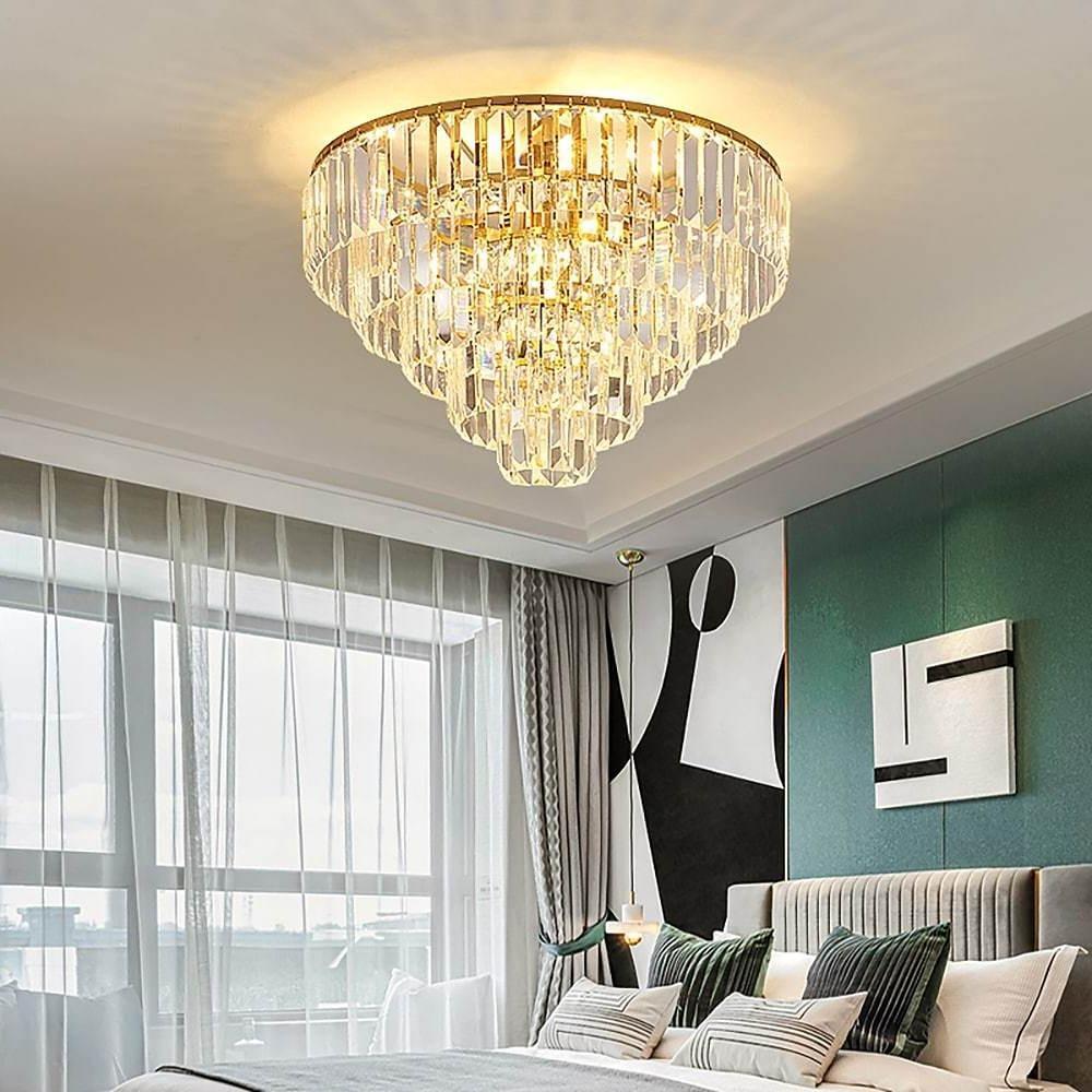 Luxury Crystal LED Ceiling Light Modern Flush Mount Metal Fixture for Dining and Living Room