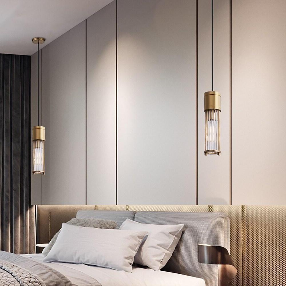 Luxury Crystal LED Cylinder Pendant Light Brass Copper Finish Hanging Lamp for Dining Room