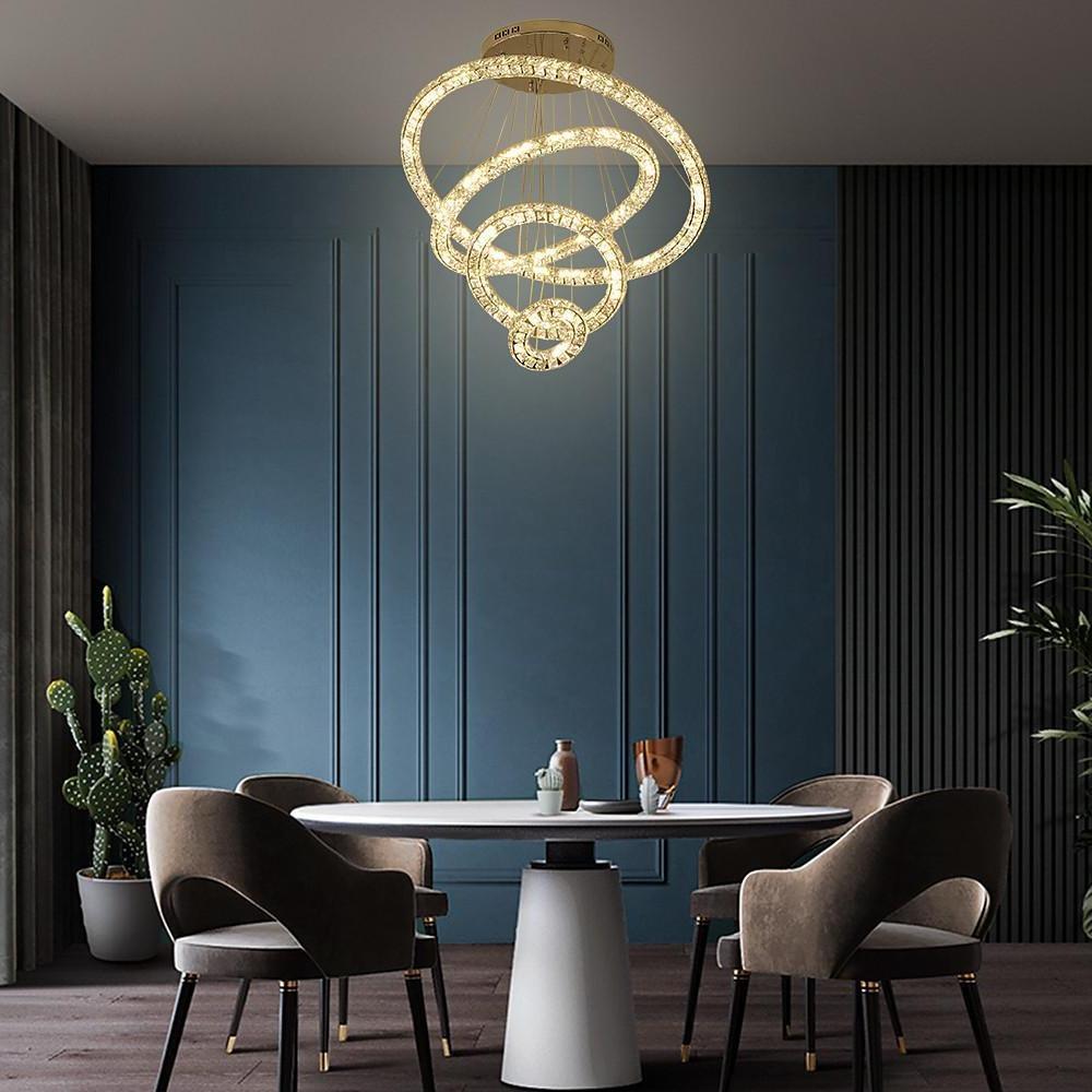 Luxury Crystal Ring LED Chandelier Adjustable Tiered Hanging Pendant Light in Chrome