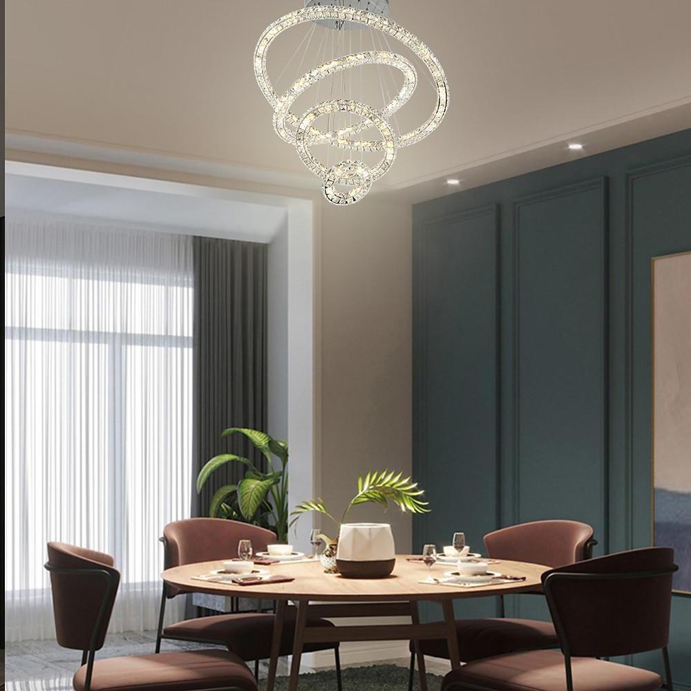Luxury Crystal Ring LED Chandelier Adjustable Tiered Hanging Pendant Light in Chrome