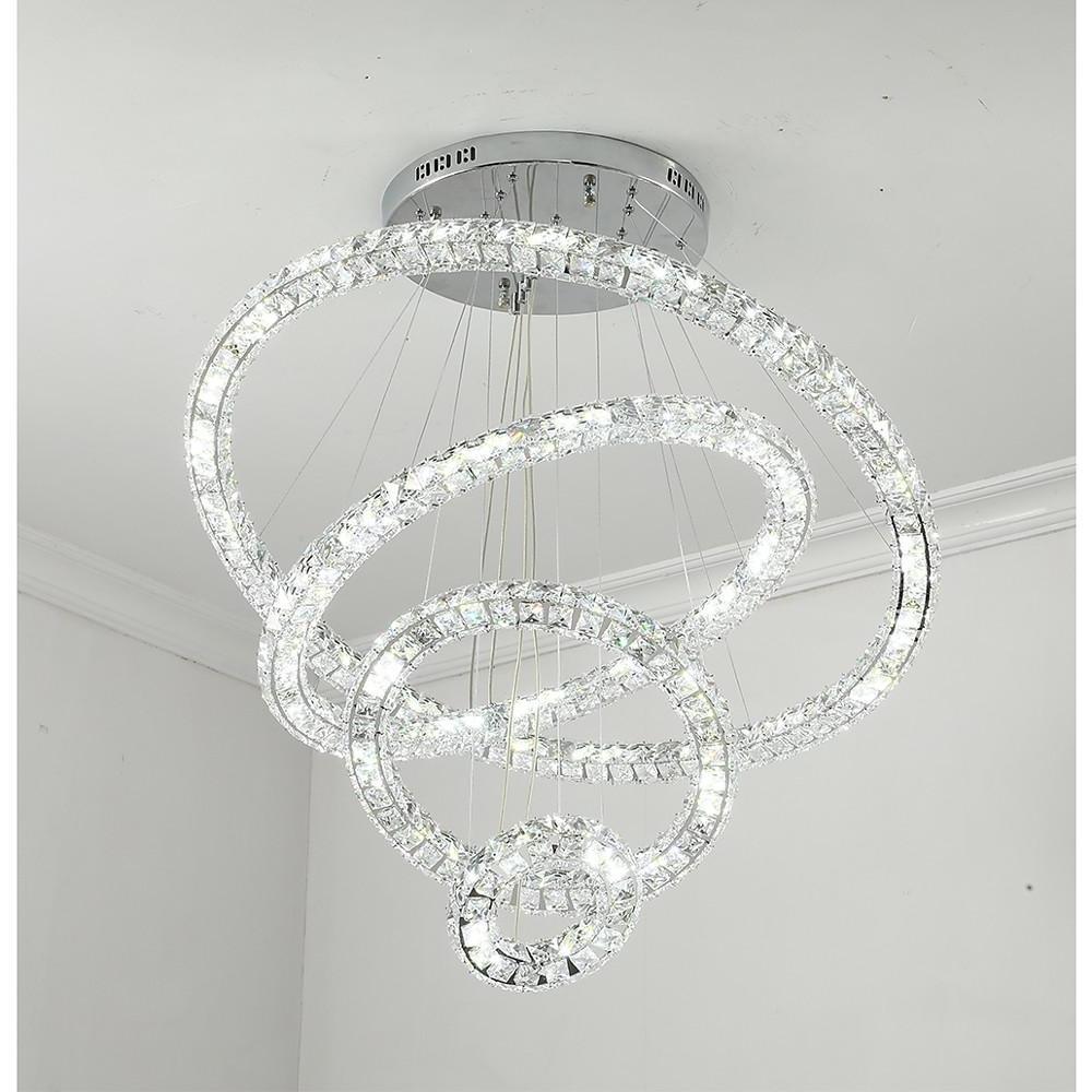 Luxury Crystal Ring LED Chandelier Adjustable Tiered Hanging Pendant Light in Chrome