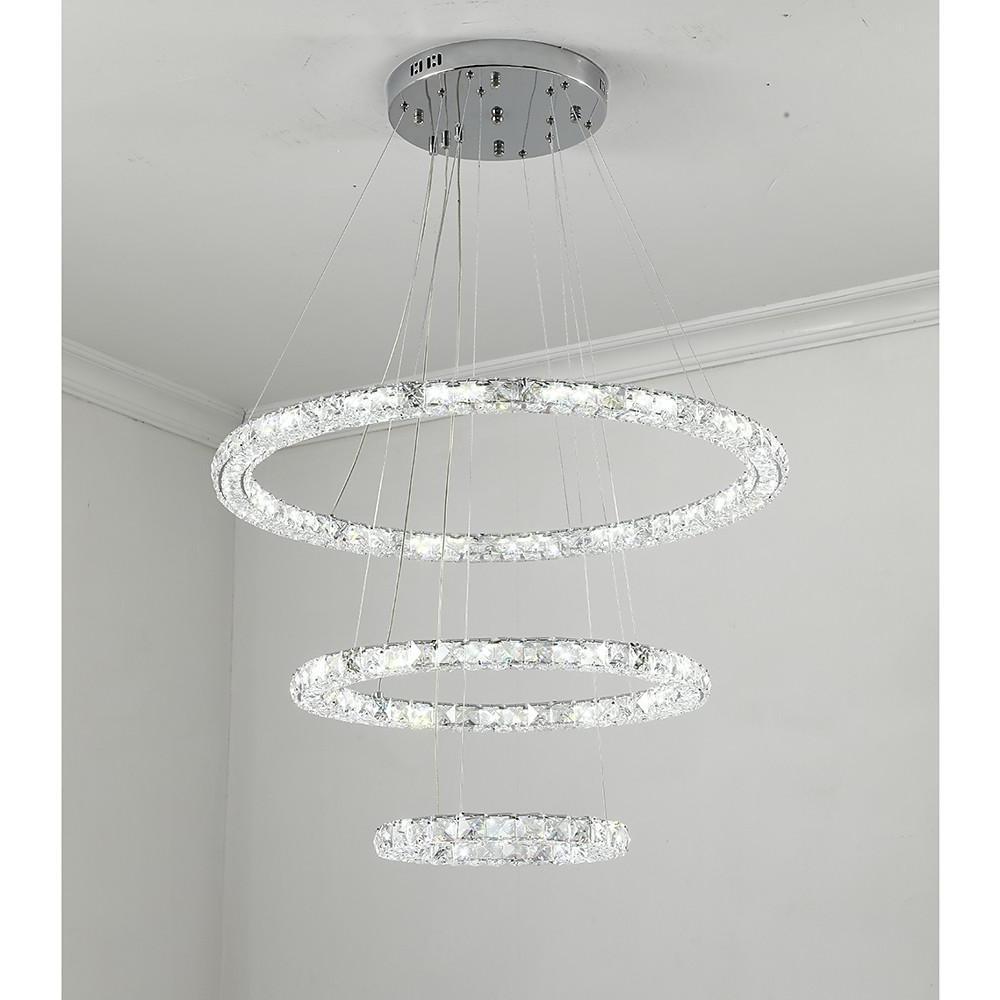 Luxury Crystal Ring LED Chandelier Adjustable Tiered Hanging Pendant Light in Chrome